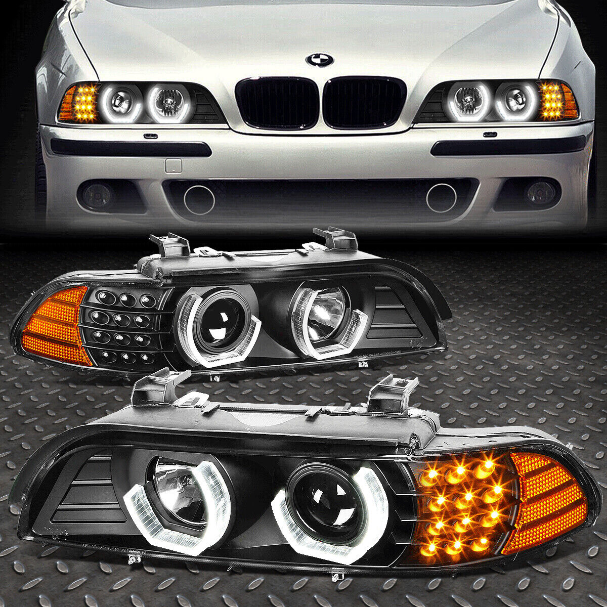 FOR 96-03 BMW E39 5-SERIES DUAL U-HALO LED SIGNAL PROJECTOR HEADLIGHT LAMP BLACK