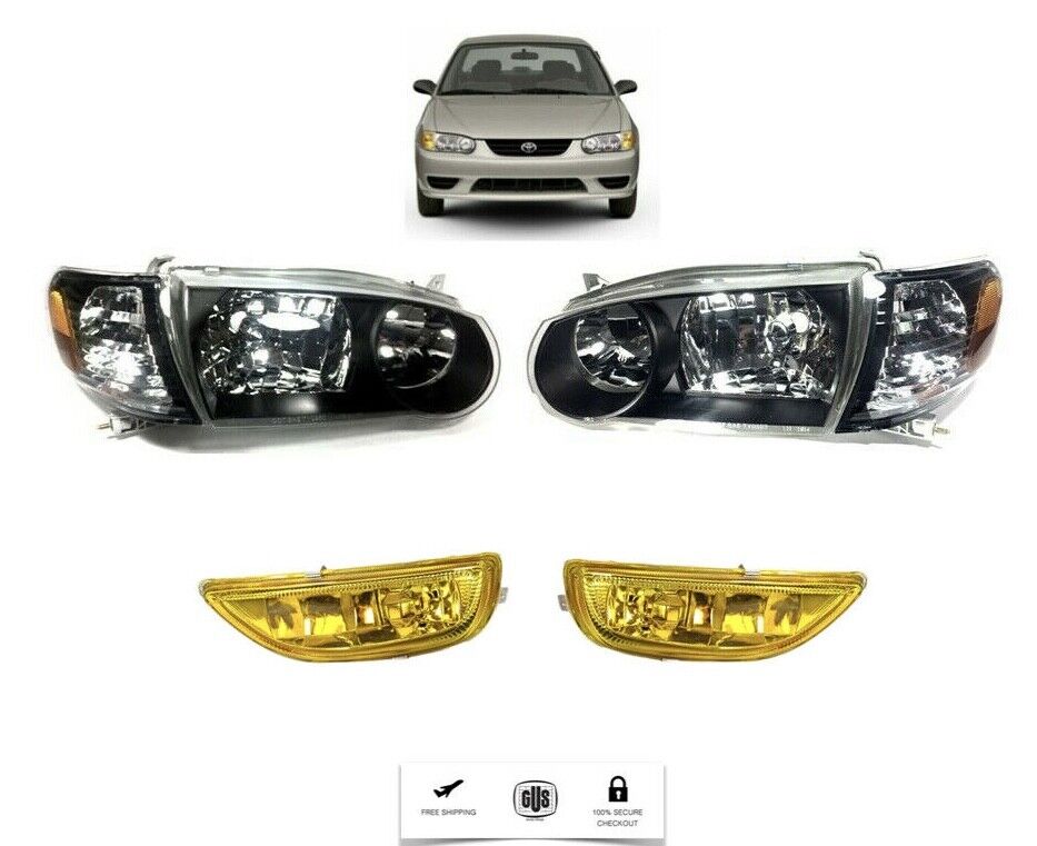For 2000-02 Toyota Corolla Headlamp Set Black Headlight LH RH And Fog Set Yellow