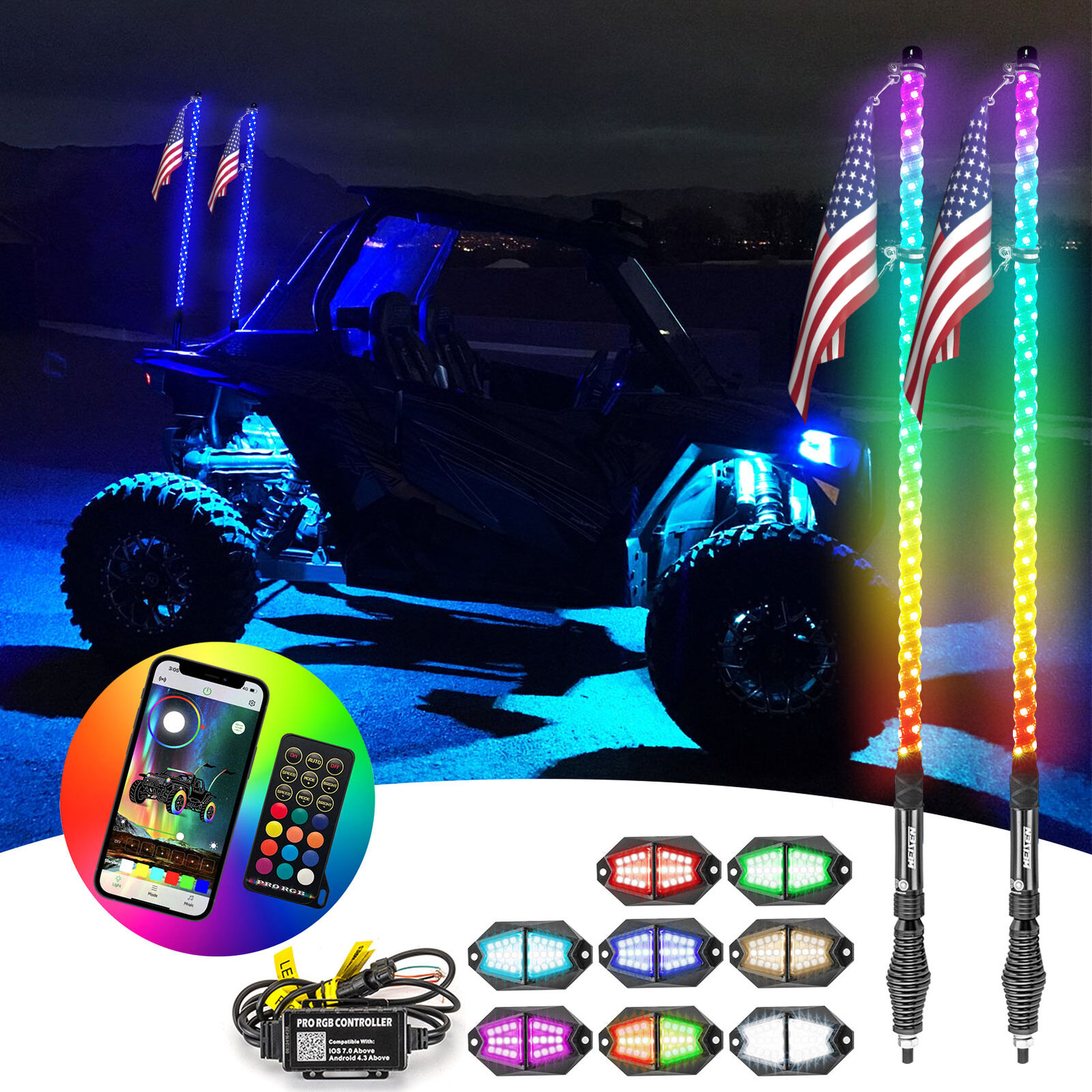 Pair 3FT RGB LED Whip Lights + 8 Pods Rock Light For Kawasaki Teryx KRX 1000