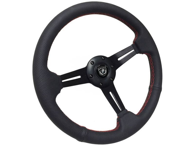 VSW 6-Bolt Perforated Leather Steering Wheel with Red Stitching & Horn Button
