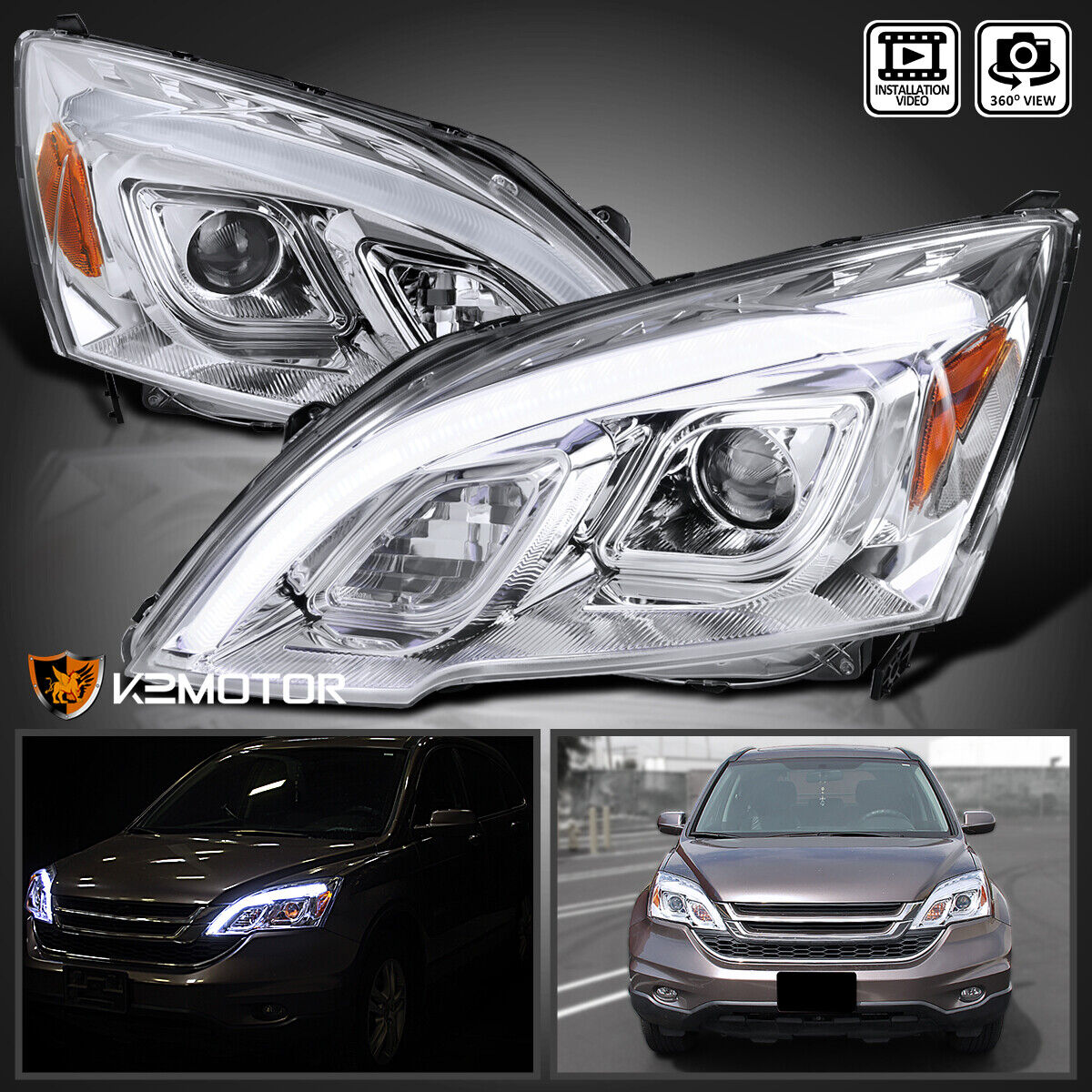 Clear Fits 2007-2011 Honda CRV CR-V LED Strip Projector Headlights Left+Right