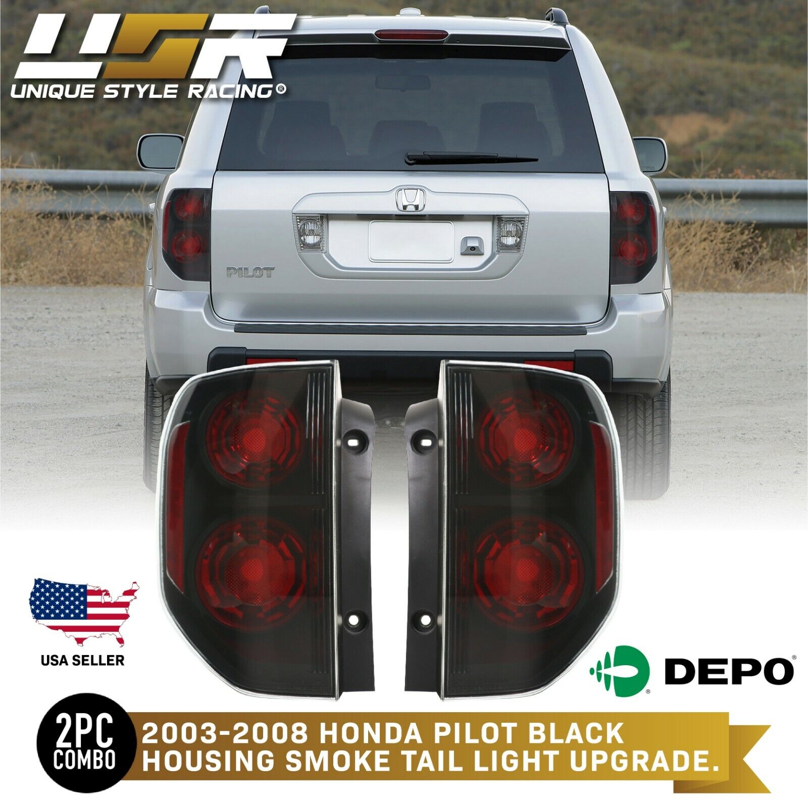 DEPO JDM Black/Smoke Rear Left + Right Tail Lights Lamps For 2003-08 Honda Pilot