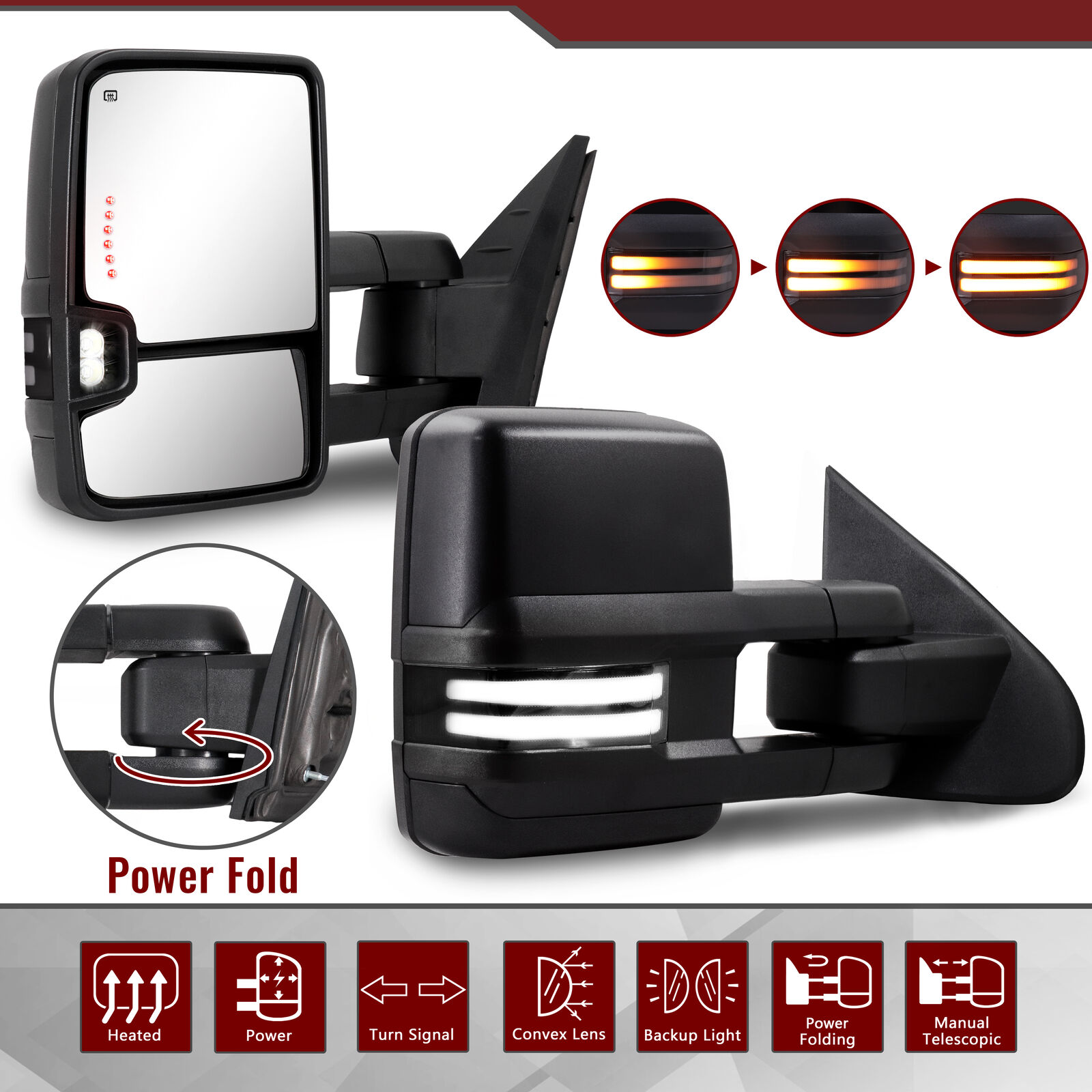 Power Fold Tow Mirrors fit 2014-2019 Silverado Sierra Smoked LED Switchback Pair