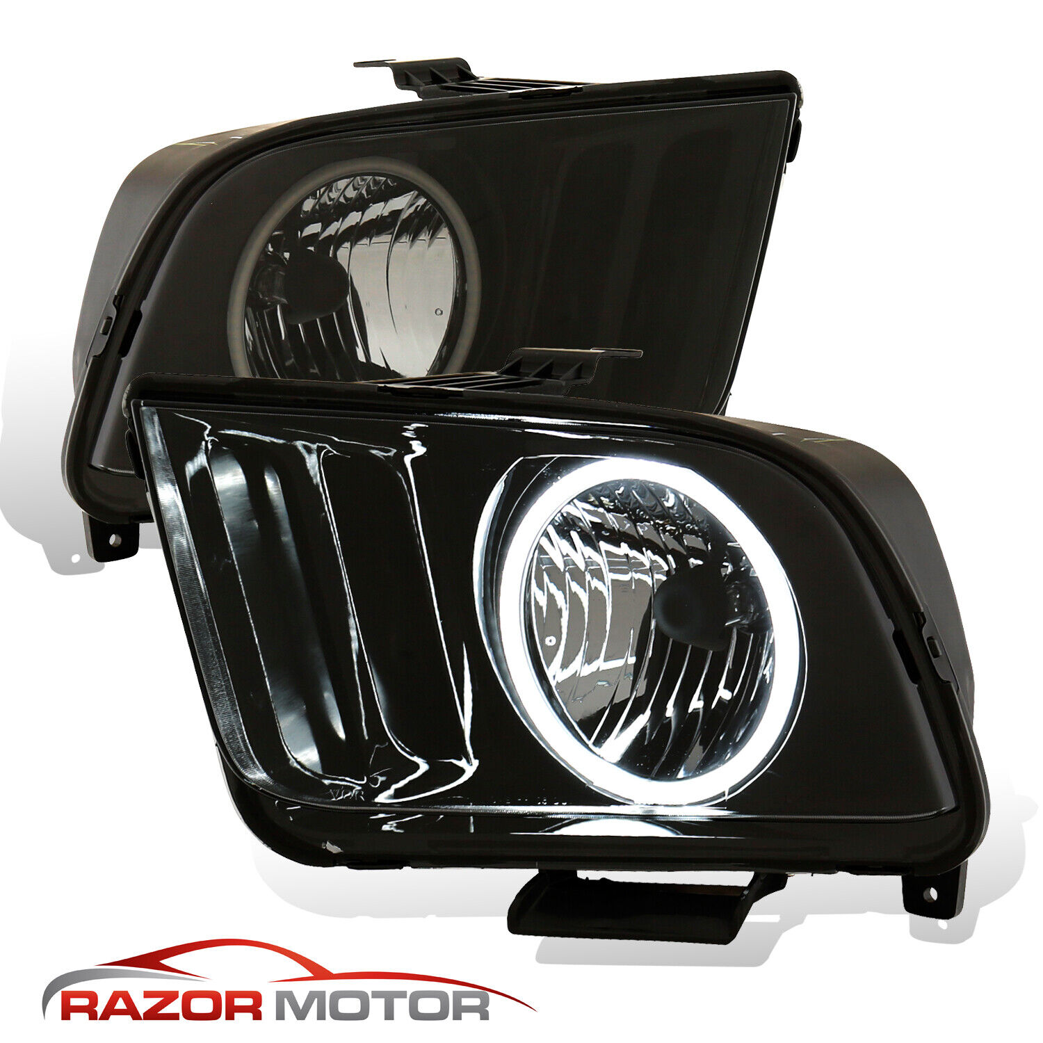 2005-2009 Black Smoke (LED Halo) Headlights Pair For Ford Mustang V6, V8 w/ Bulb