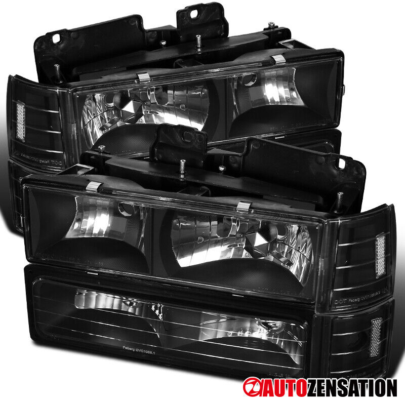 Fit 1994-1998 GMC C10 Sierra Yukon Black Headlights+Bumper+Corner Signal Lamps