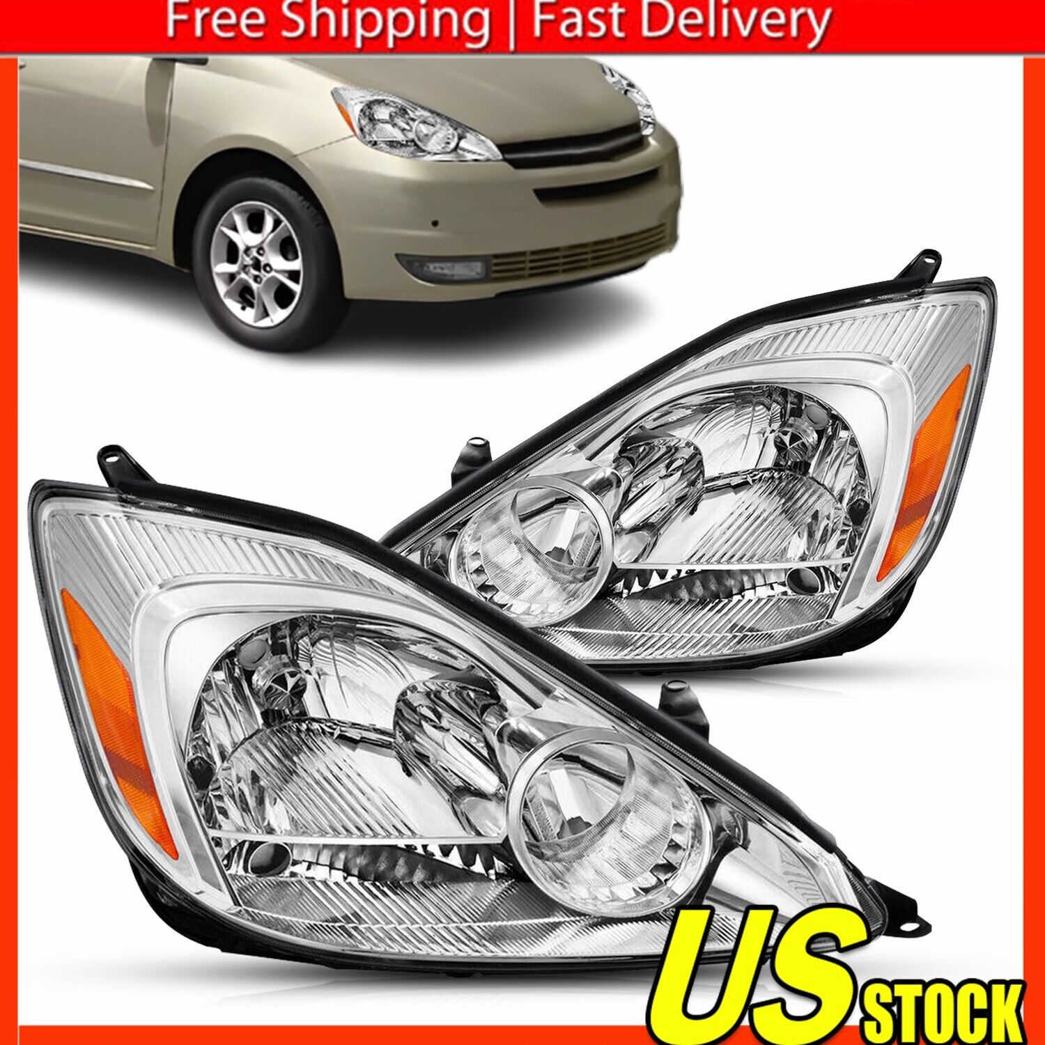 For 04-05 Toyota Sienna Chrome Amber Replacement Headlight Lamps Left+Right Pair