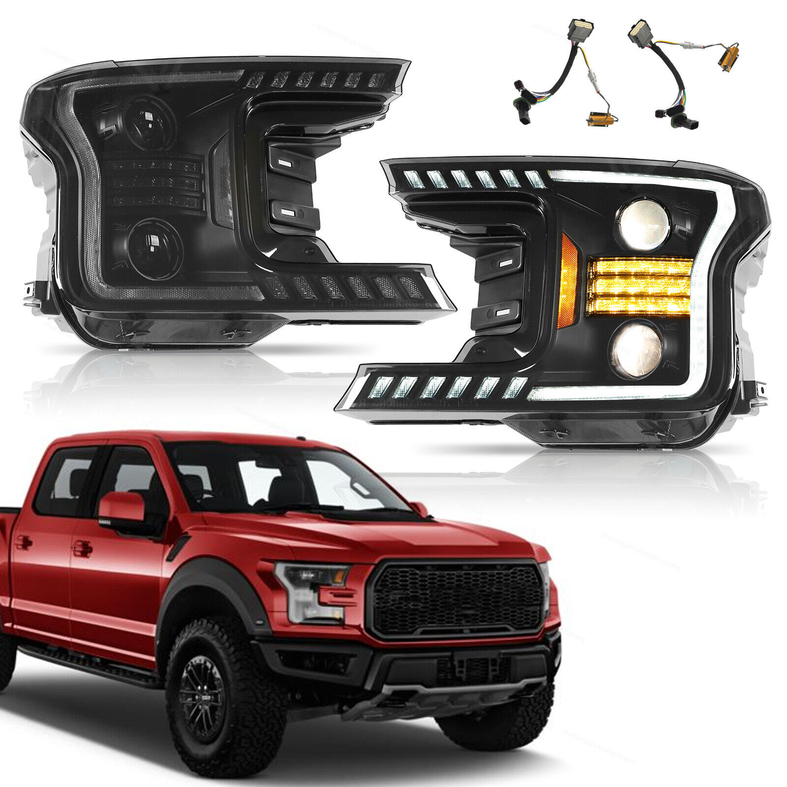 Pair LED Plank Style Projector Headlights Black for 2018-2020 Ford F-150 XL XLT