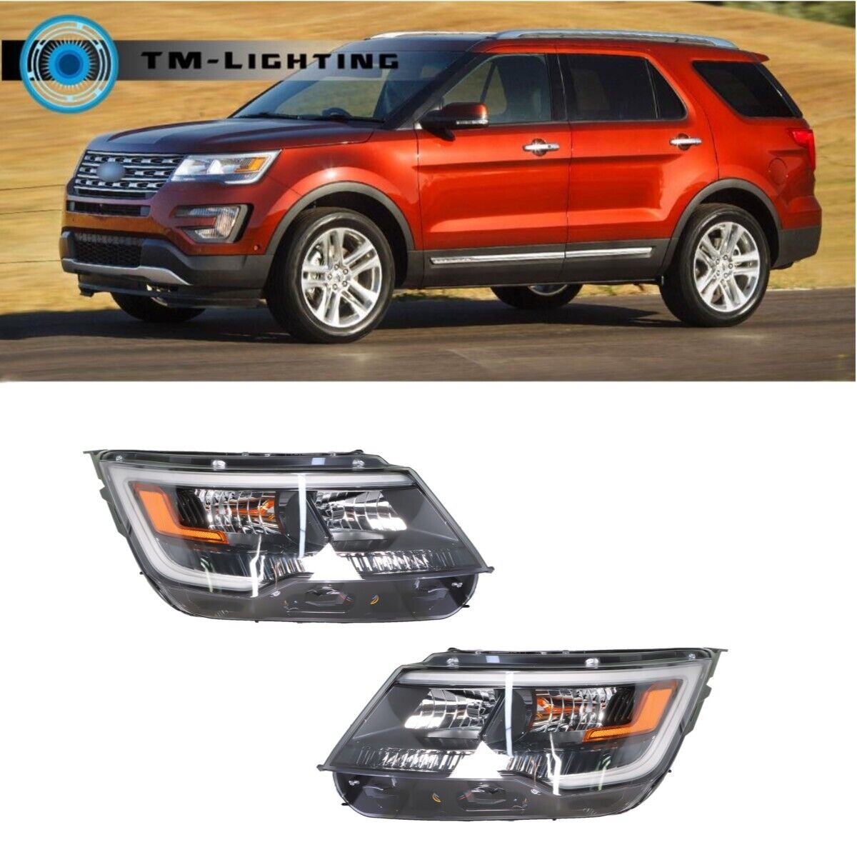 For 2016-2018 Ford Explorer Left&Right Side Halogen Headlight w/LED DRL Black