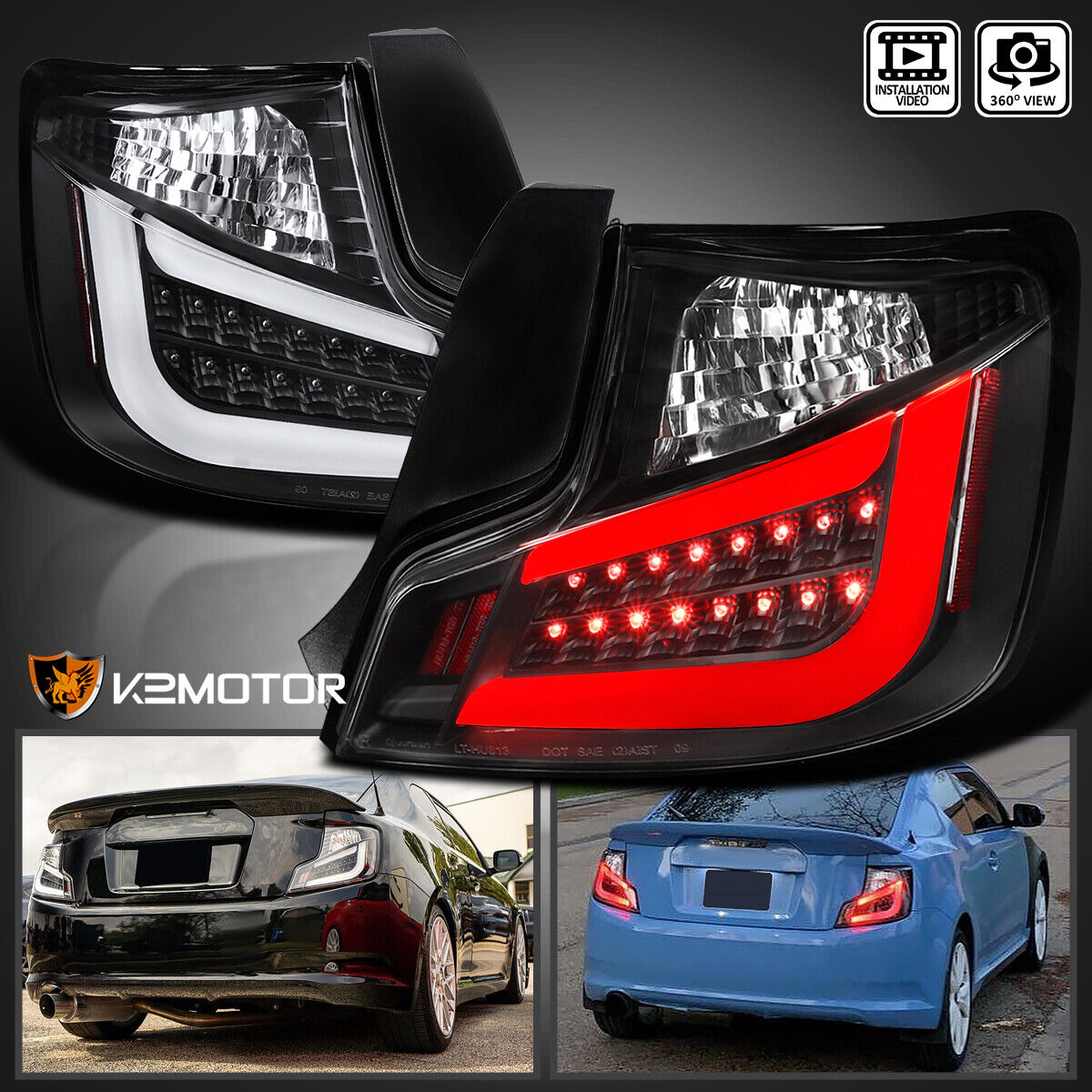 Black Fits 2011-2013 Scion tC LED Tube Tail Lights Brake Lamps Left+Right 11 12