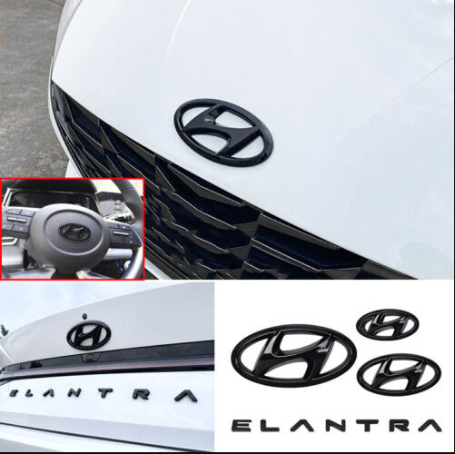 Glossy Black Front Rear Emblem Letter Logo Badge For Hyundai Elantra 2021-2023
