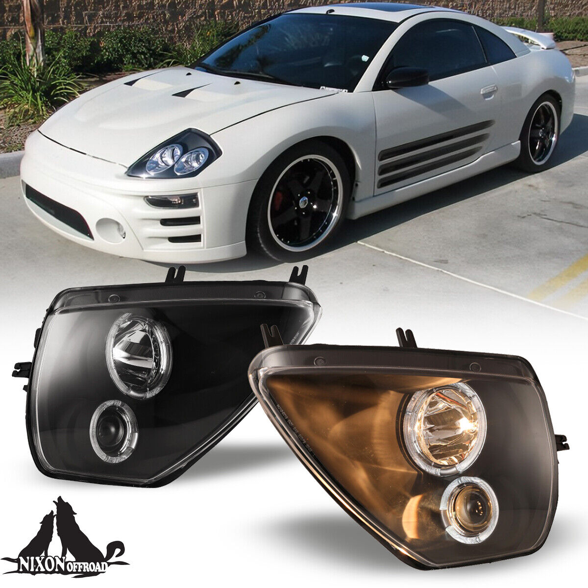 Fits 2000-2005 Mitsubishi Eclipse LED Halo Projector Headlights Black Left+Right