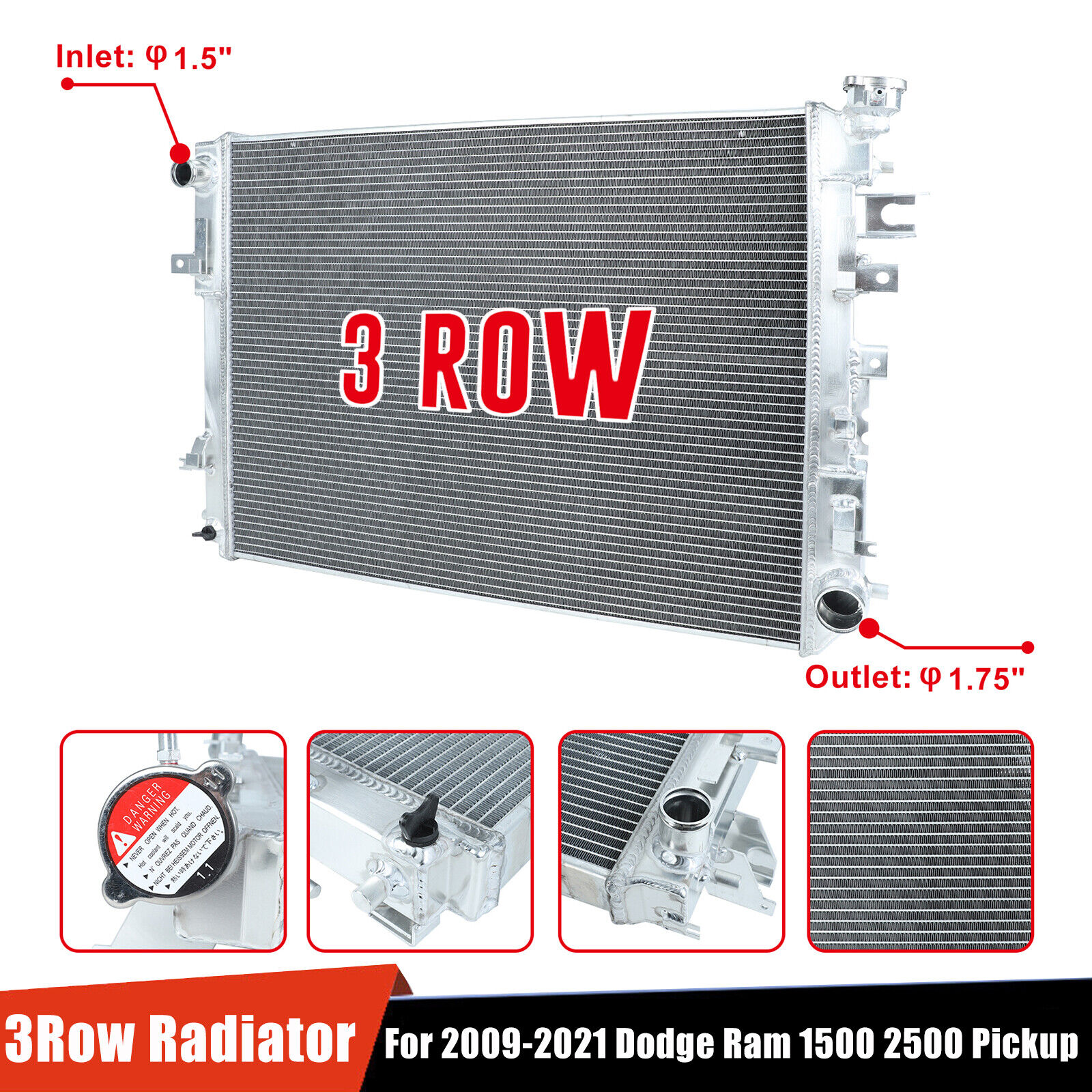 3 Row Aluminum Radiator For 2009-2021 Dodge Ram 1500 2500 3500 4000 V6 V8 Pickup