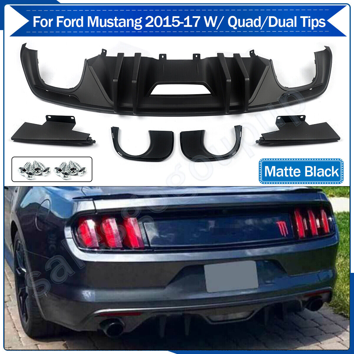 Fits 2015-2017 Ford Mustang Rear Bumper Diffuser Dual /Quad Exhaust Matte Black