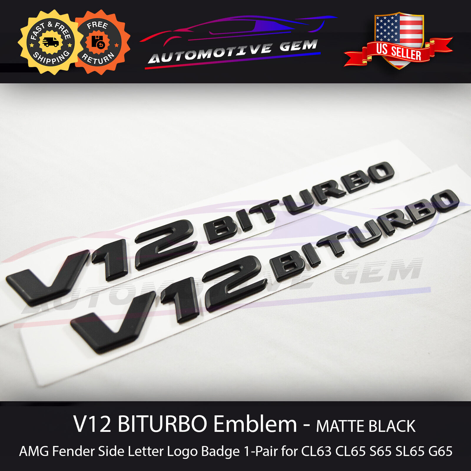 V12 BITURBO Fender AMG Emblem Matte Black Logo Badge Mercedes CL65 S63 S65 G65