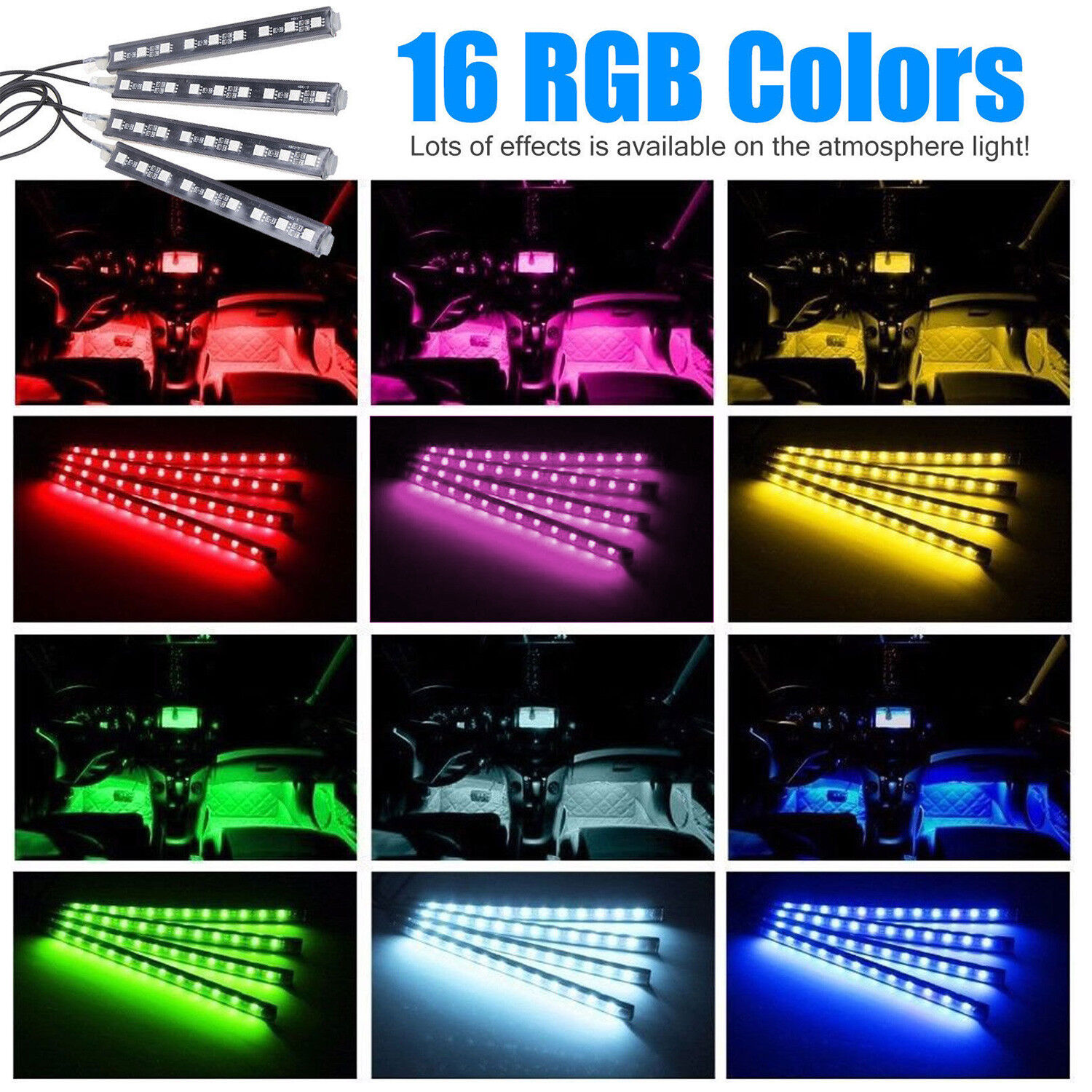4x 5050SMD 9 LED RGB Car Strip Light Interior Decorative Colorful Remote Control
