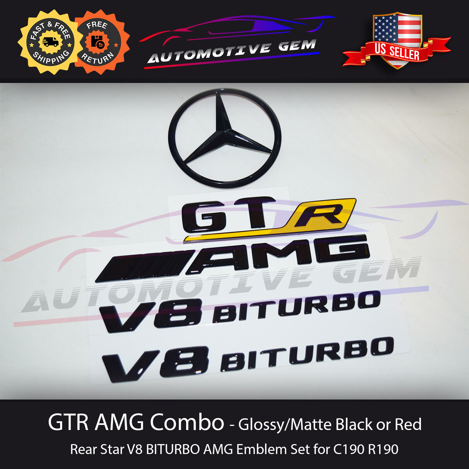 GTR AMG V8 Star BITURBO Emblem Yellow Black Badge Combo Set Mercedes C190 R190