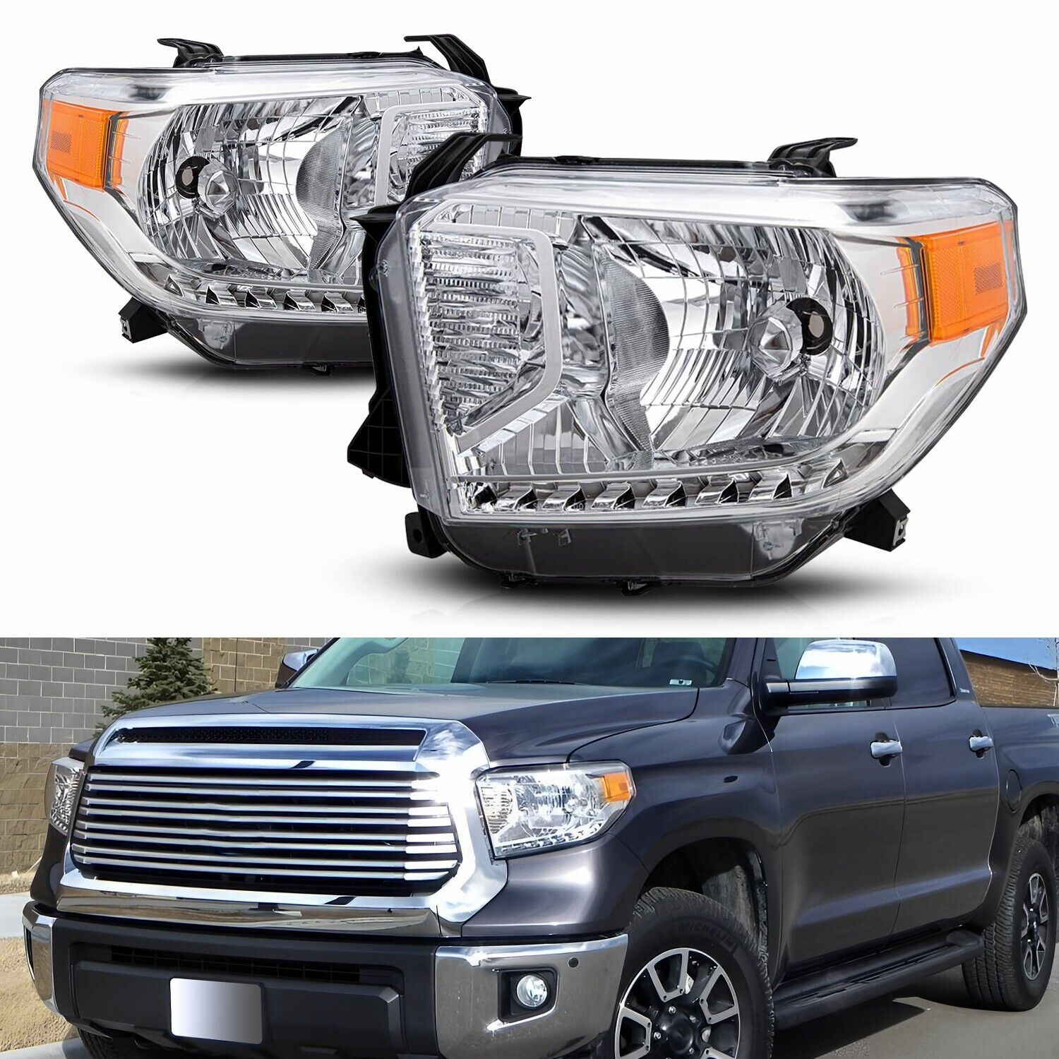 Headlights Headlamps Chrome Housing Amber Reflector For 2014-2017 Toyota Tundra