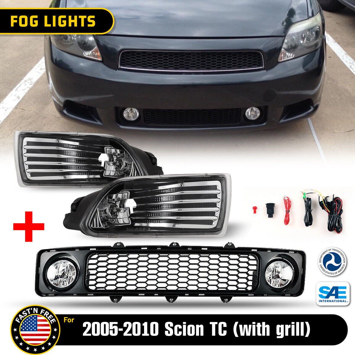 for 2005-2010 Scion TC Pair Fog Lights+Front Driving Lamp w/Bumper Grill &Wiring