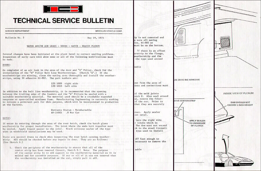 BRICKLIN GULLWING SPORTS CAR - BULLETIN #2 WATER LEAKS ( 4 Pages )