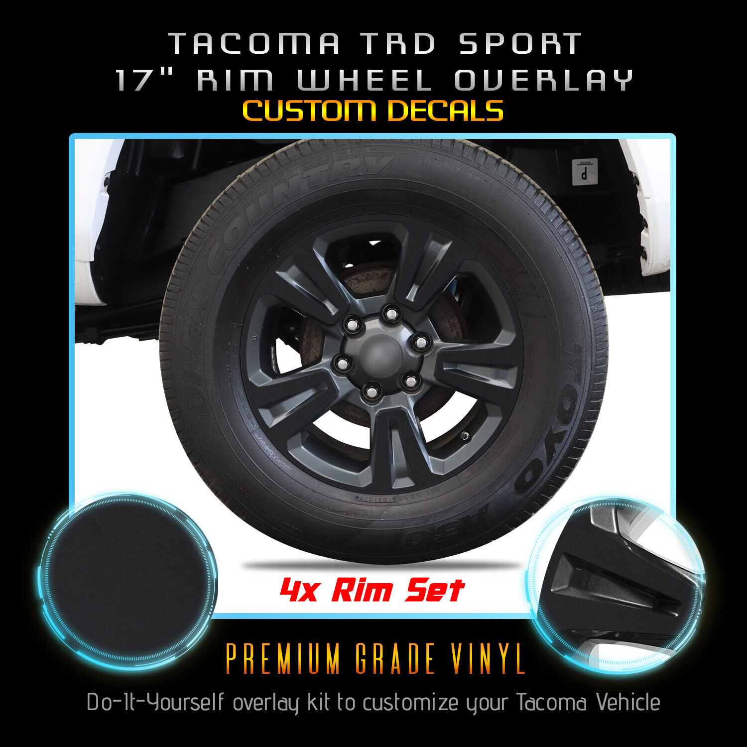 Fit 16-19 Tacoma TRD Sport Rim Wheel Chrome Delete Blackout Kit - Matte Black