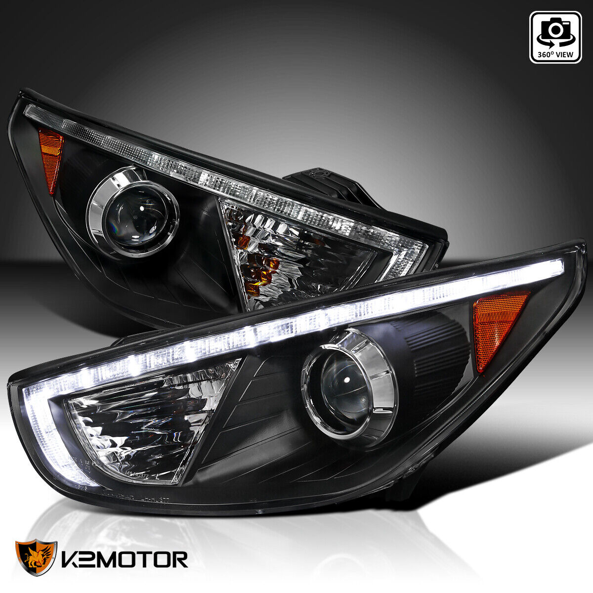 Black Fits 2010-2013 Hyundai Tucson LED Strip Projector Headlights Headlamps L+R