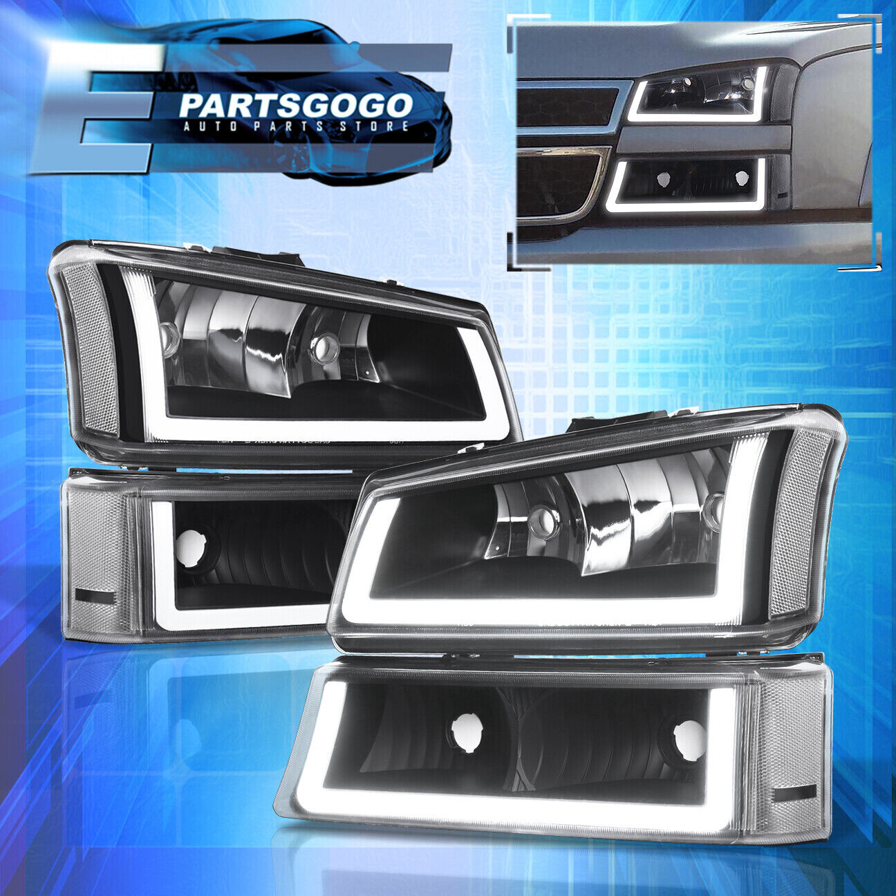 For Chevy Silverado 2003-2007 LED DRL Headlights + Bumper Lamp Set Black Housing