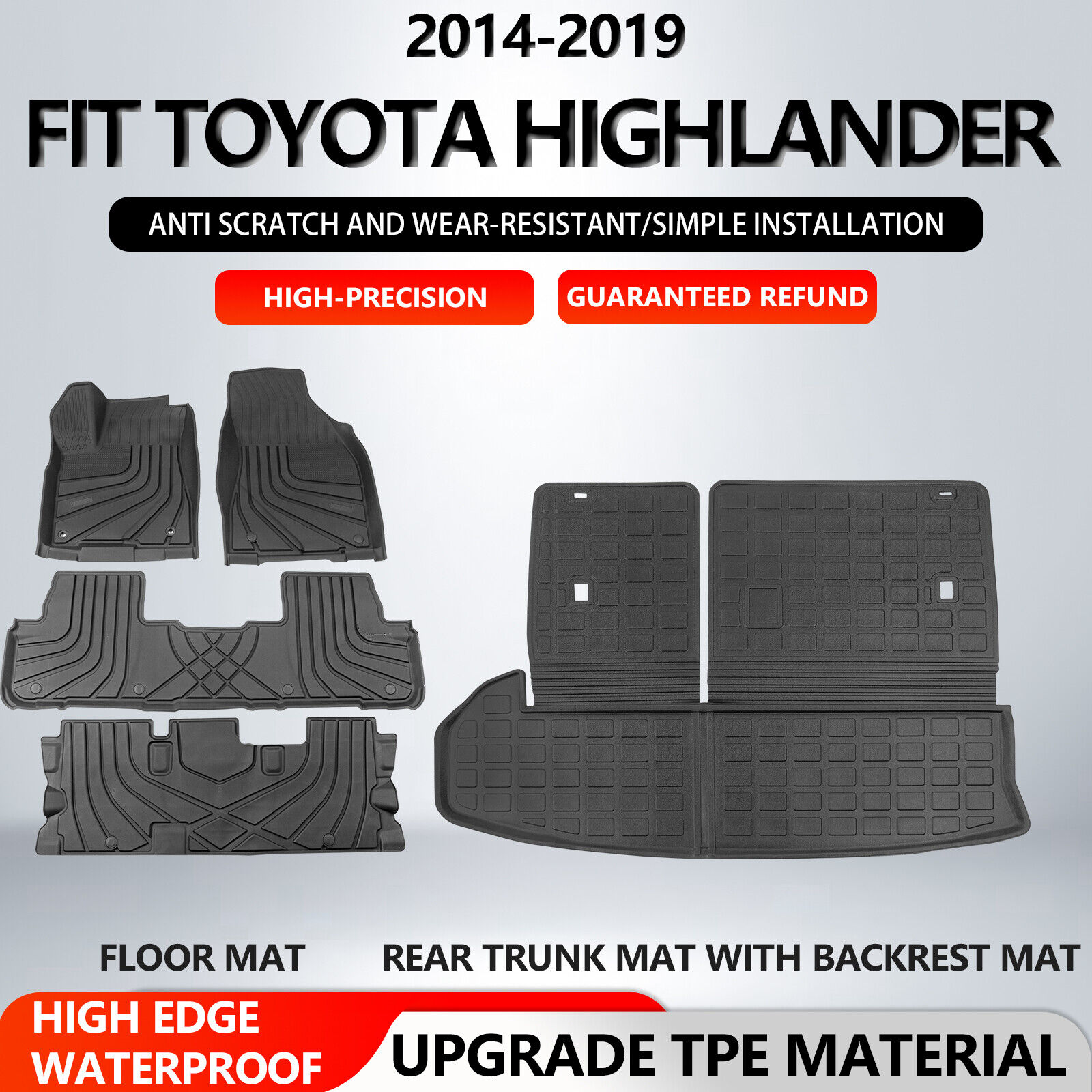 For 2014-2019 Toyota Highlander 7 Seats TPE Floor Mats Trunk Mat Cargo Liners