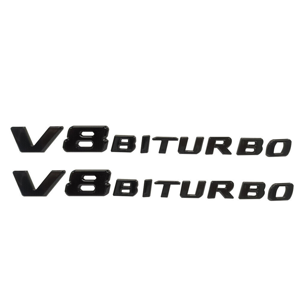 2X V8 BITURBO Fender Side AMG Emblem Gloss Black 3D Badge For AMG C63 E63 G63