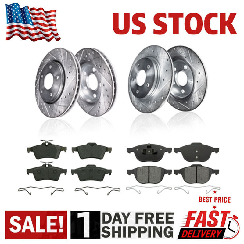 Front and Rear Drilled Disc Rotors + Brake Pads for 2012 - 2017 2018 Ford Focus