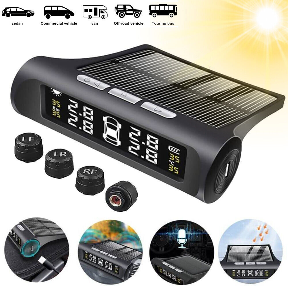 Solar USB TPMS Car Solar Wireless Tire Pressure LCD Monitoring System 4 Sensors
