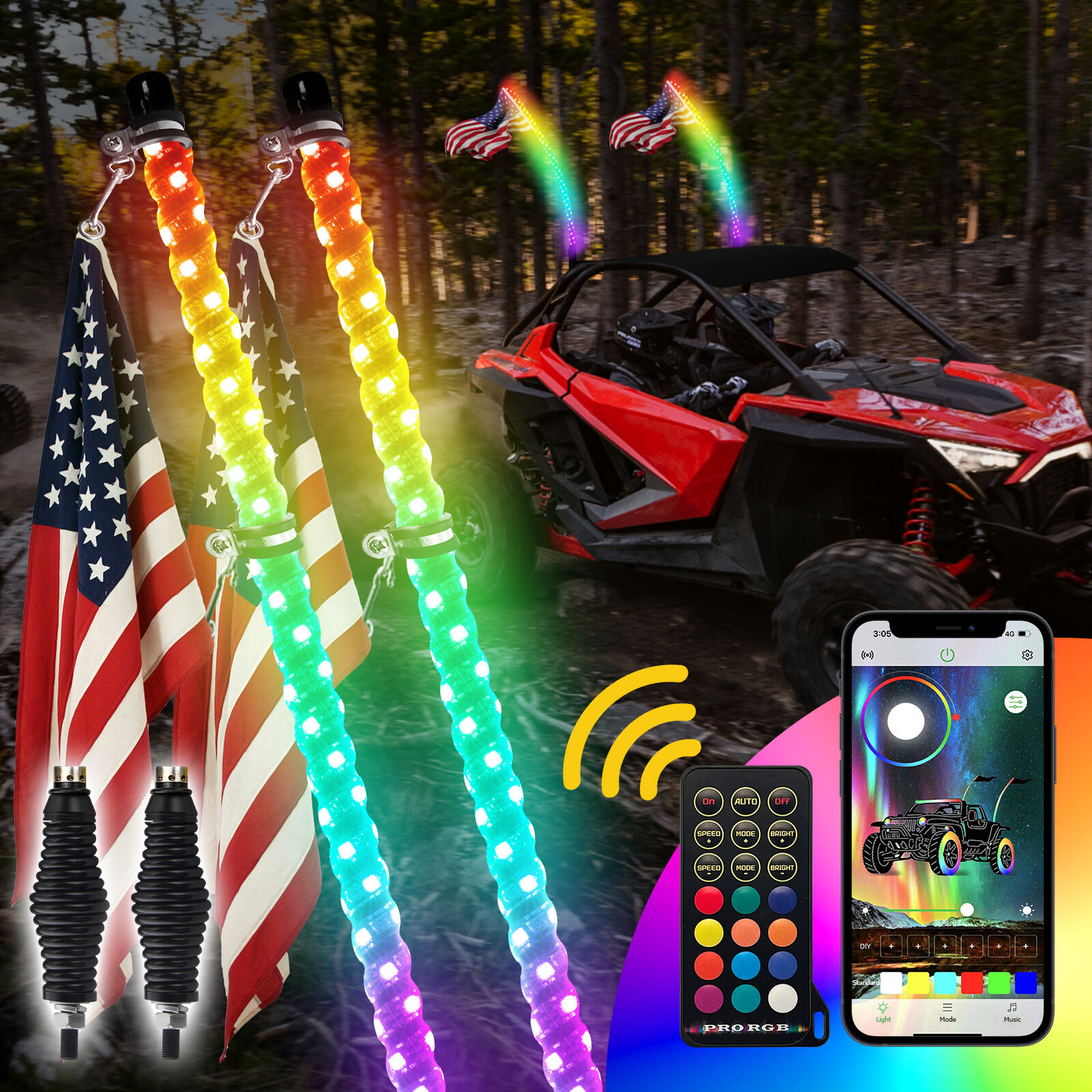 2Pcs 4FT RGB Spiral LED Whip Lights W/Flag Spring Base For Can-am X3 MAX RZR XP
