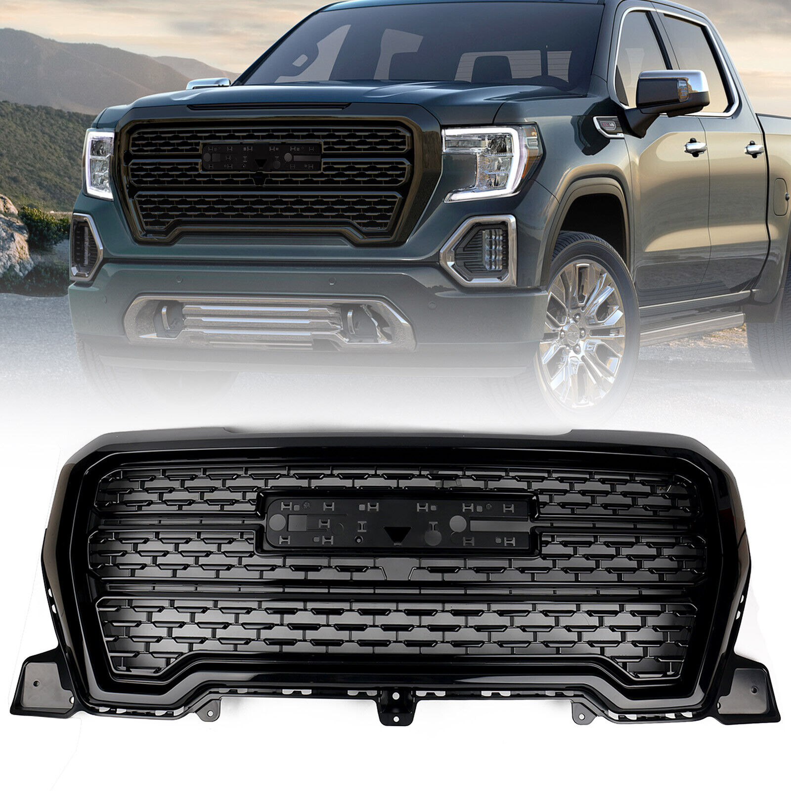 Front Denali Style Gloss Black Grille Grill For 2019 2020 2021 GMC Sierra 1500