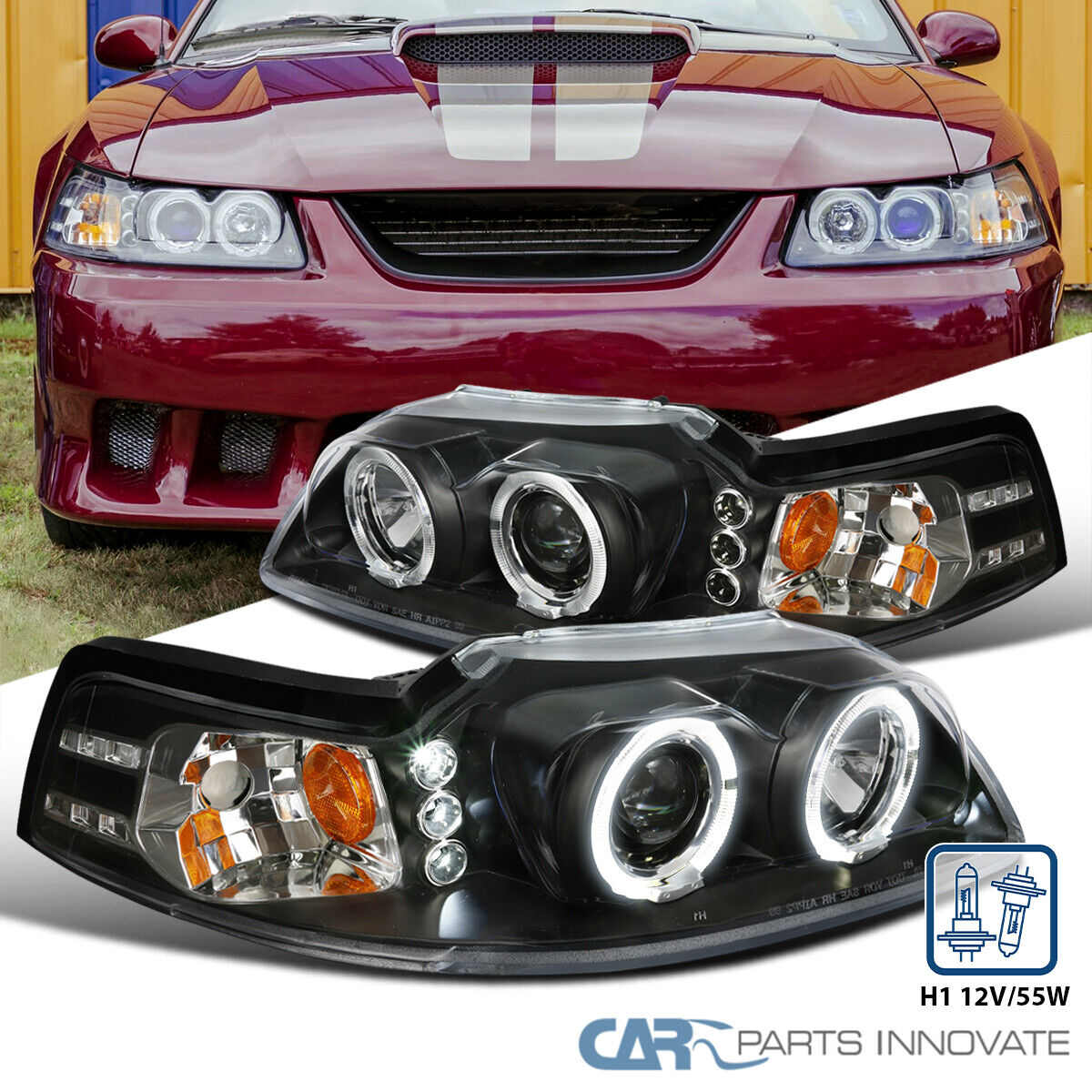 Fits 1999-2004 Ford Mustang Black LED Halo Projector Headlights Head Lamps LH+RH