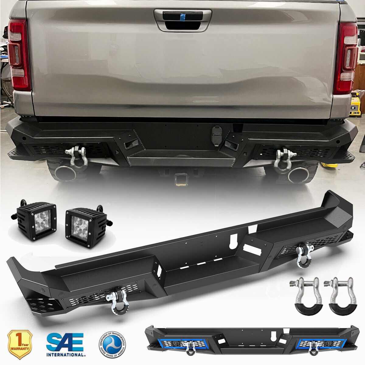 For 2019-2024 RAM 1500 Steel Rear Bumper w/2* 4inch LED Lights+2*D-Ring Shackles