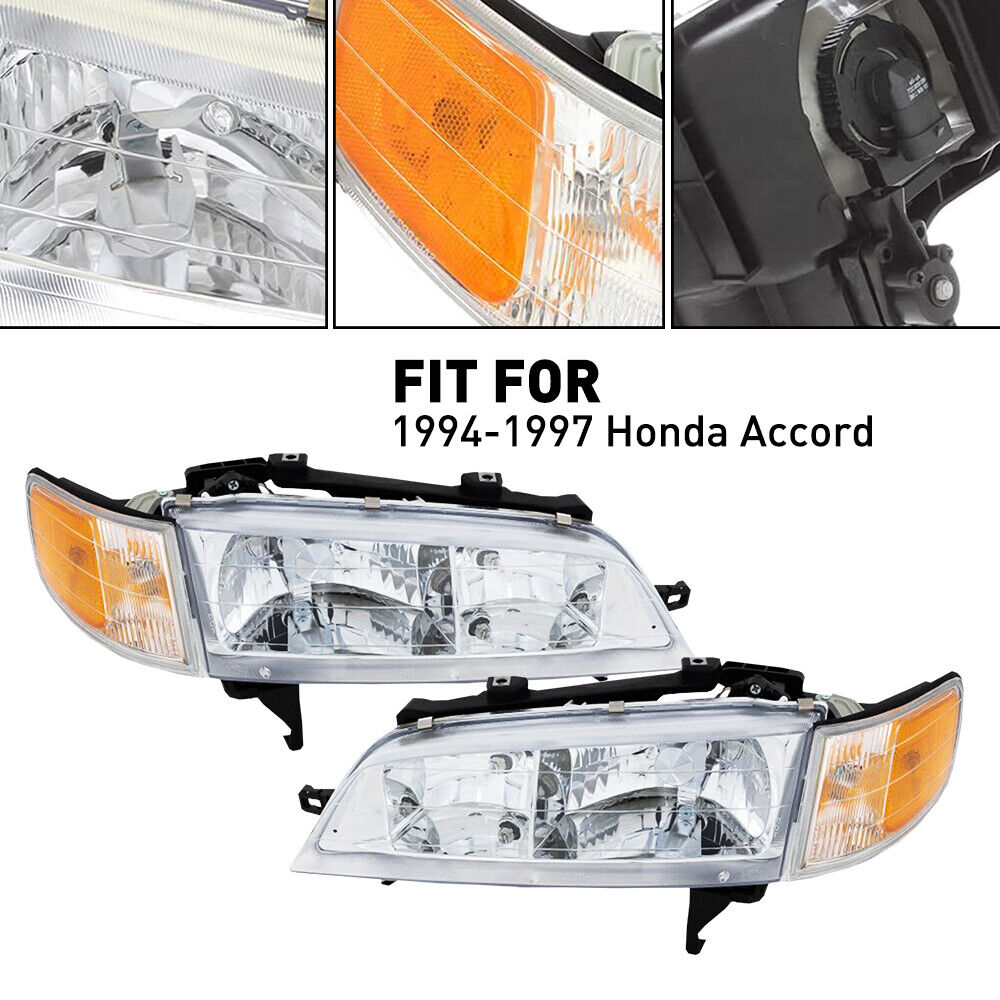 For 94-97 Honda + Accord Clear Headlights Assembly Amber Corner Reflector Lamps