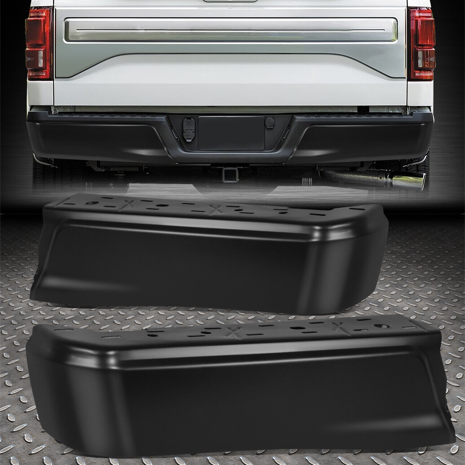 For 15-20 Ford F150 Black Rear Bumper End Caps w/o Parking Sensor Holes Pair