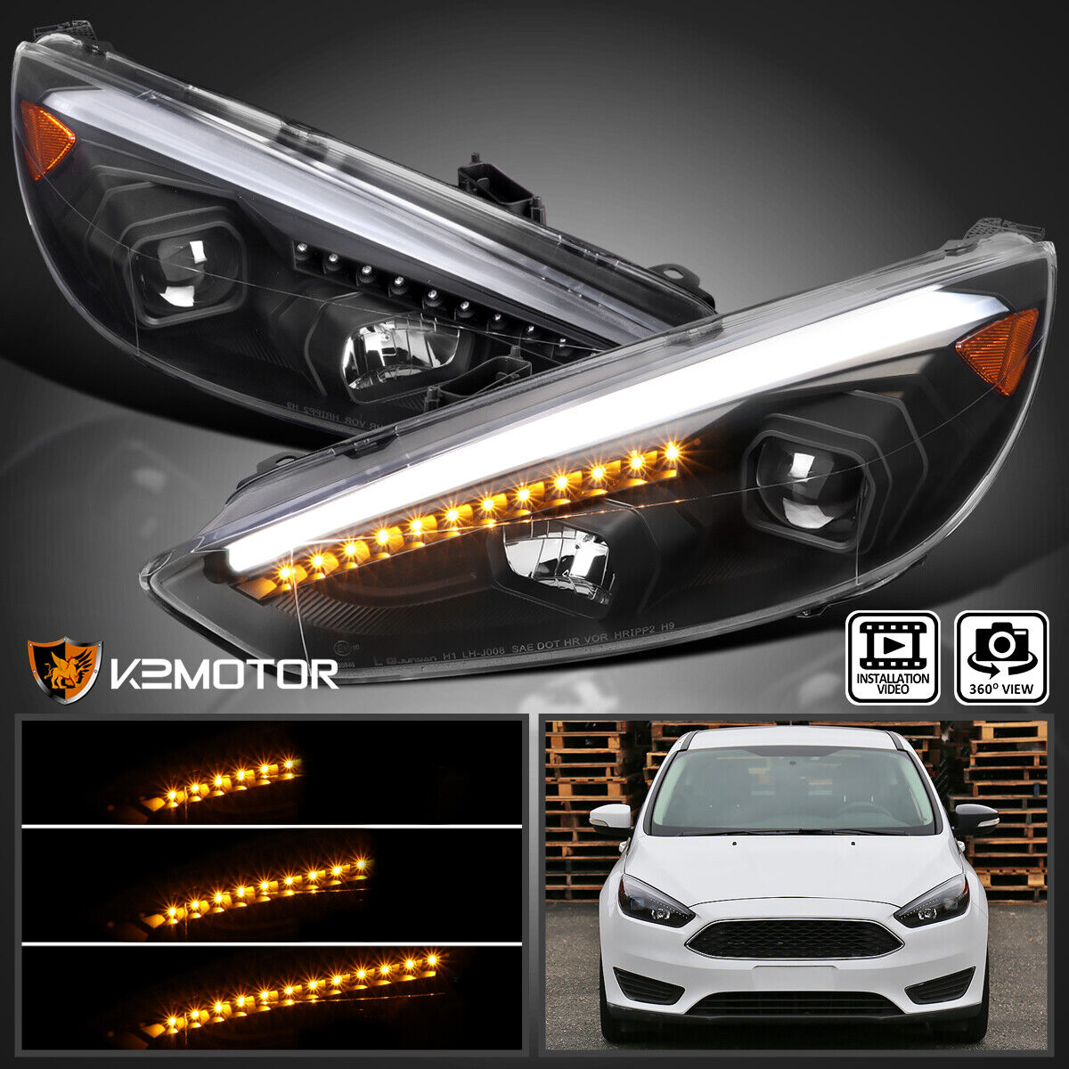 Black Fits 2015-2018 Ford Focus LED Sequential Signal Strip Projector Headlights