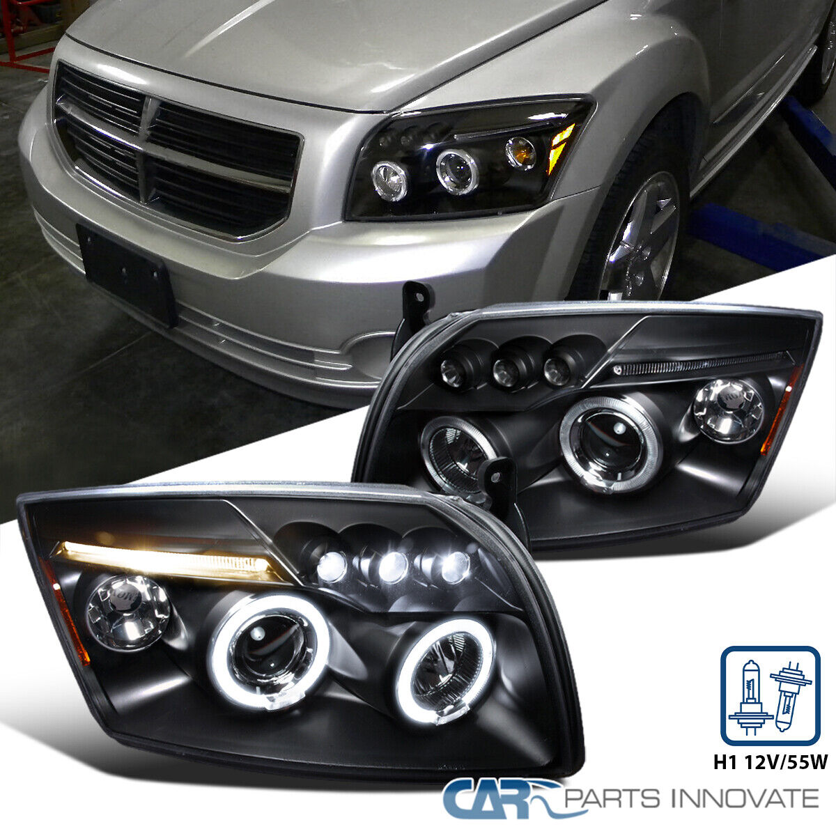 Fits 07-12 Dodge Caliber Matte Black LED Dual Halo Projector Headlights Lamps