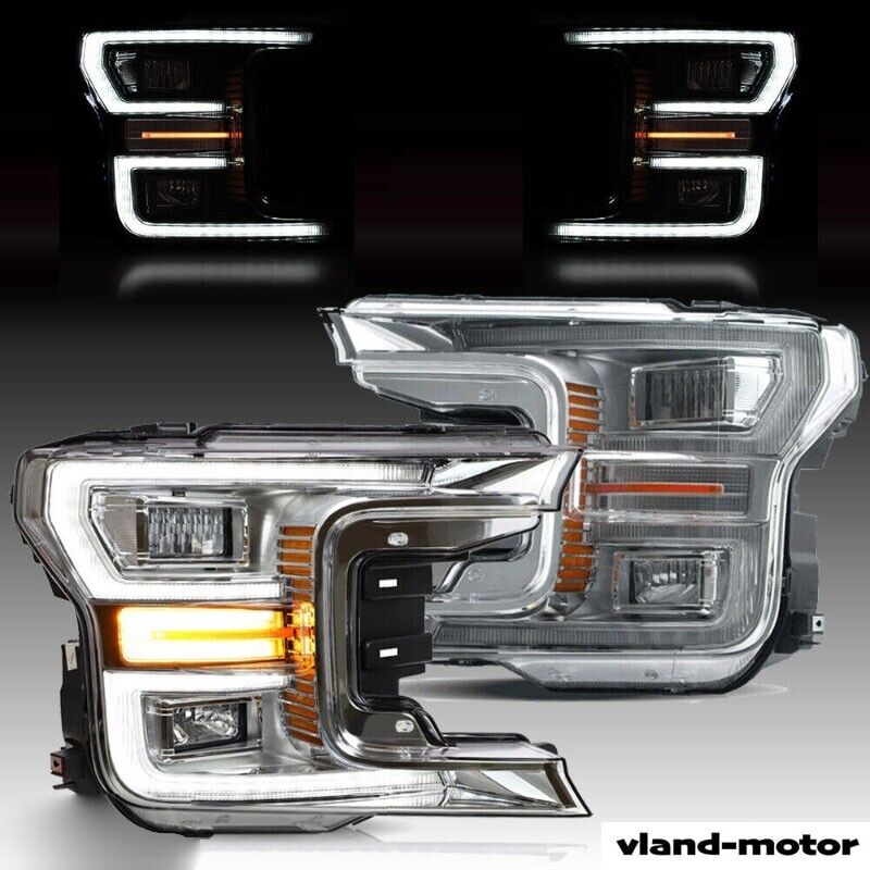 VLAND Chrome LED Headlights w/Sequential For 2018-2020 F-150 Headlamps DRL Pair