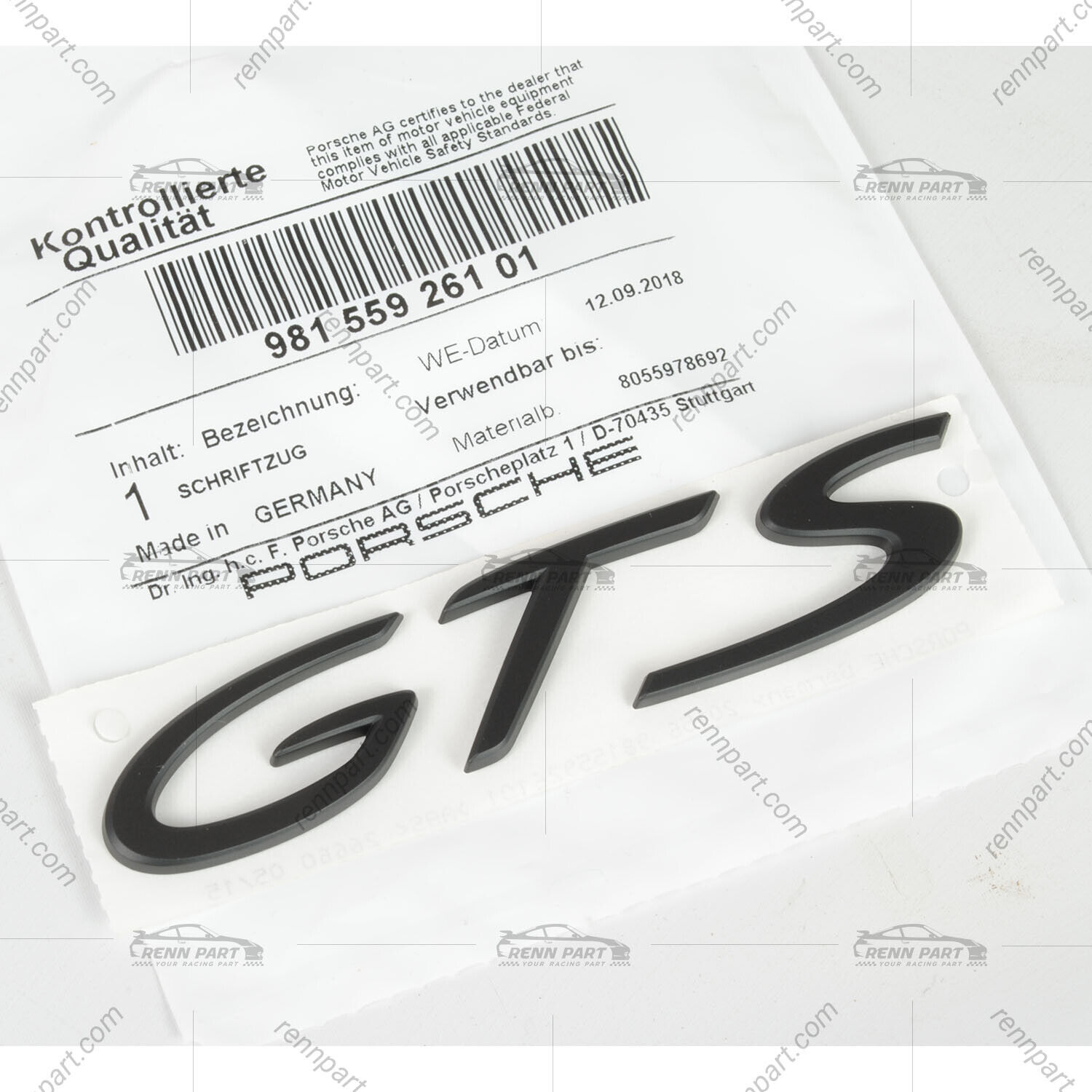 Genuine Porsche Matte Black GTS Rear Hood Script Emblem Logo 981 991