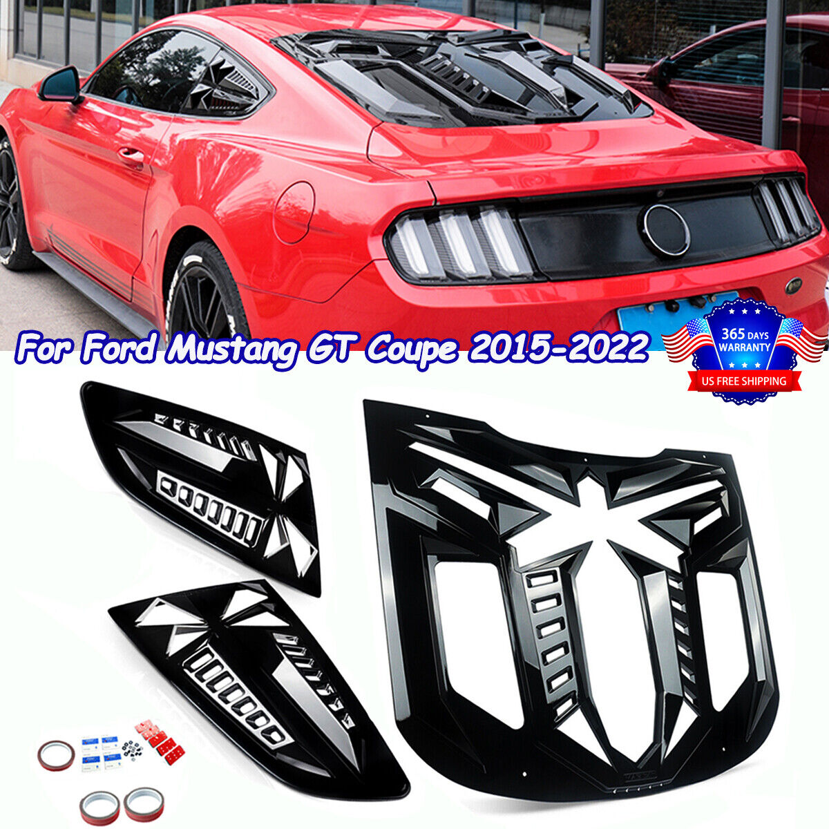 3PCS Rear+Door Side Window Louver Vent Covers For Ford Mustang GT Coupe 2015-23