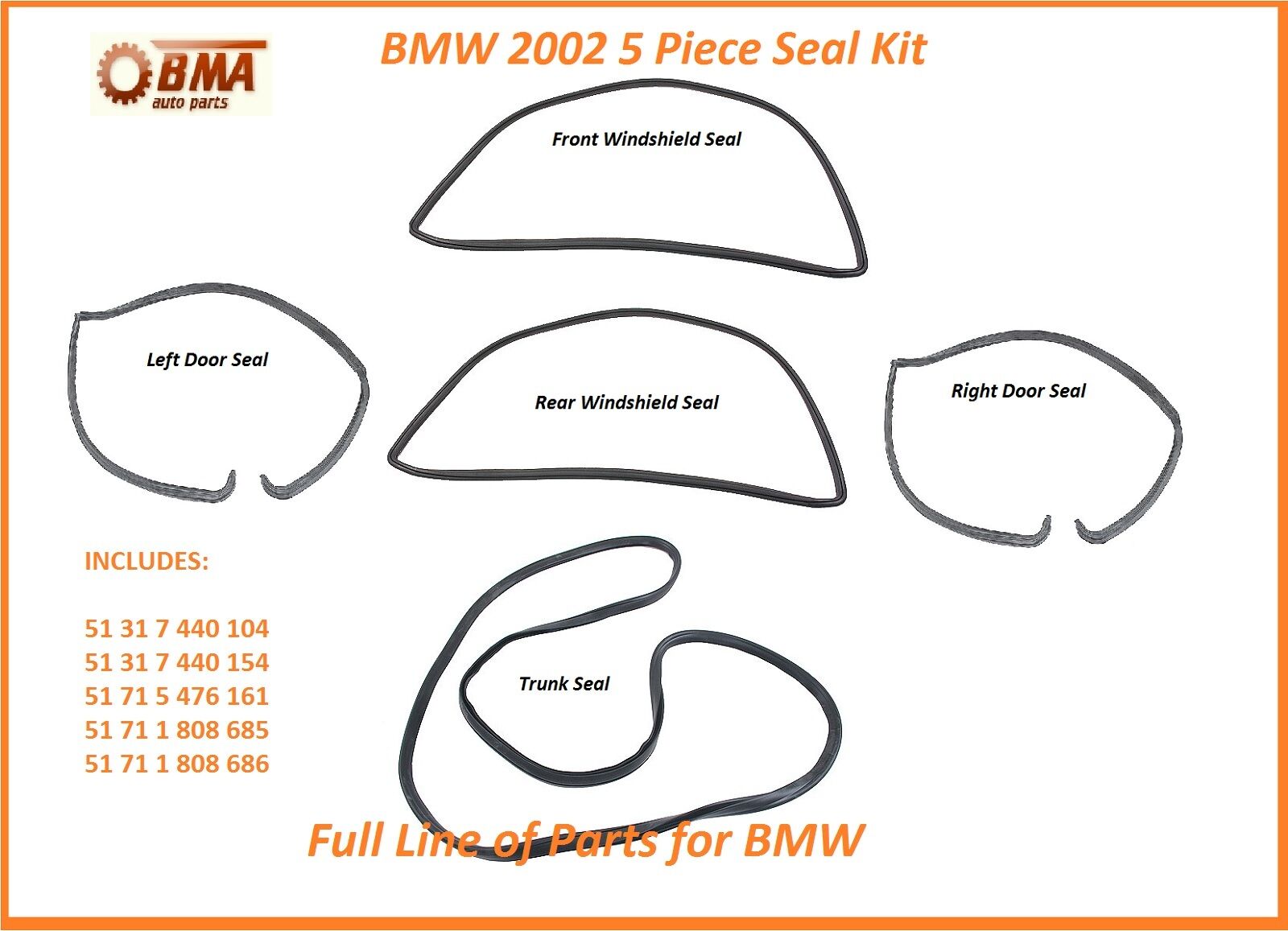 BMW E10 2002 2002tii 5 Piece Seal Kit - Doors & Front & Rear Windshields & Trunk