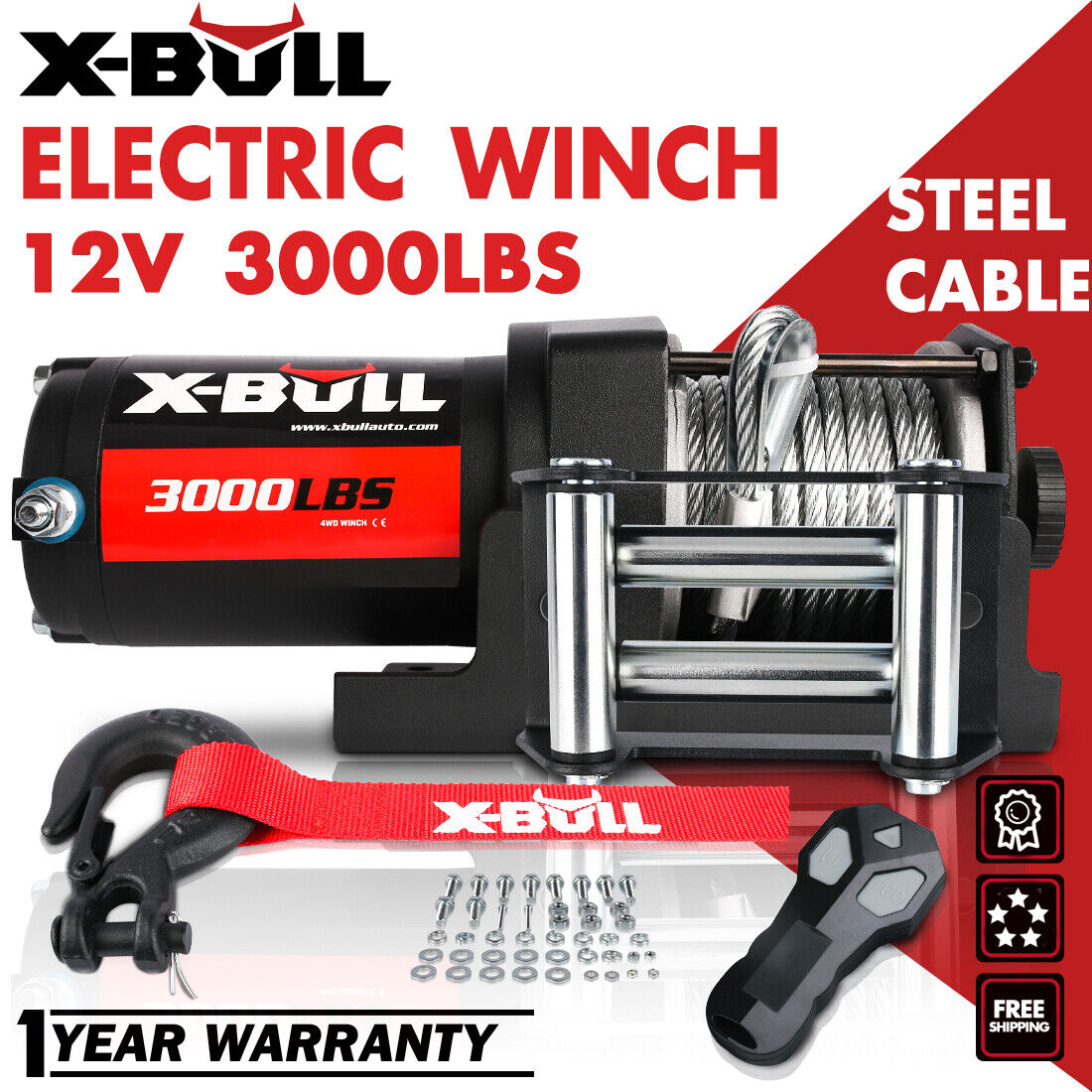 X-BULL 3000LBS 12V  Electric Winch Steel Cable  ATV UTV BOAT Towing Truck 4WD