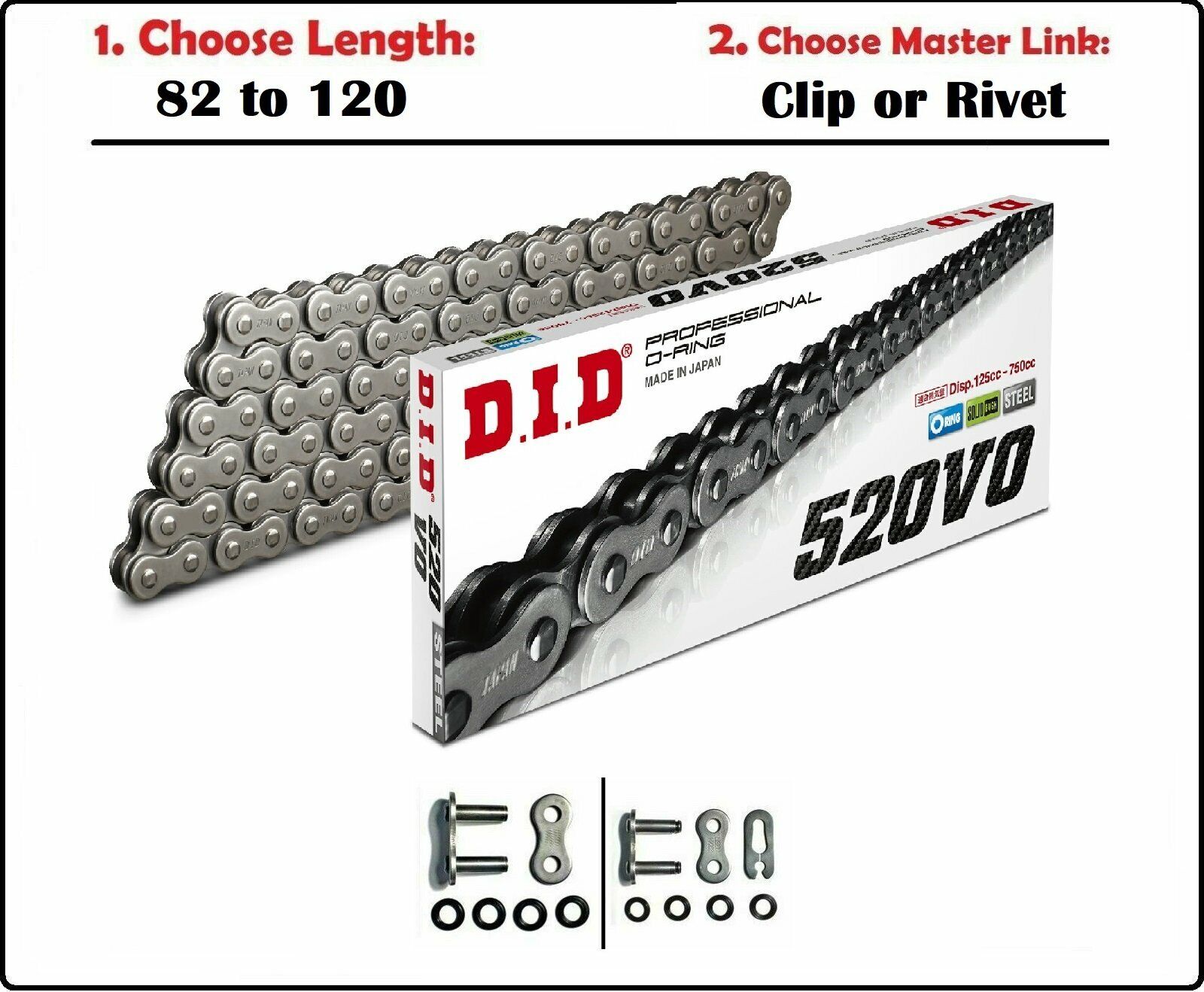 D.I.D DID 520 VO Oring Drive Chain Natural with Clip or Rivet Master Link