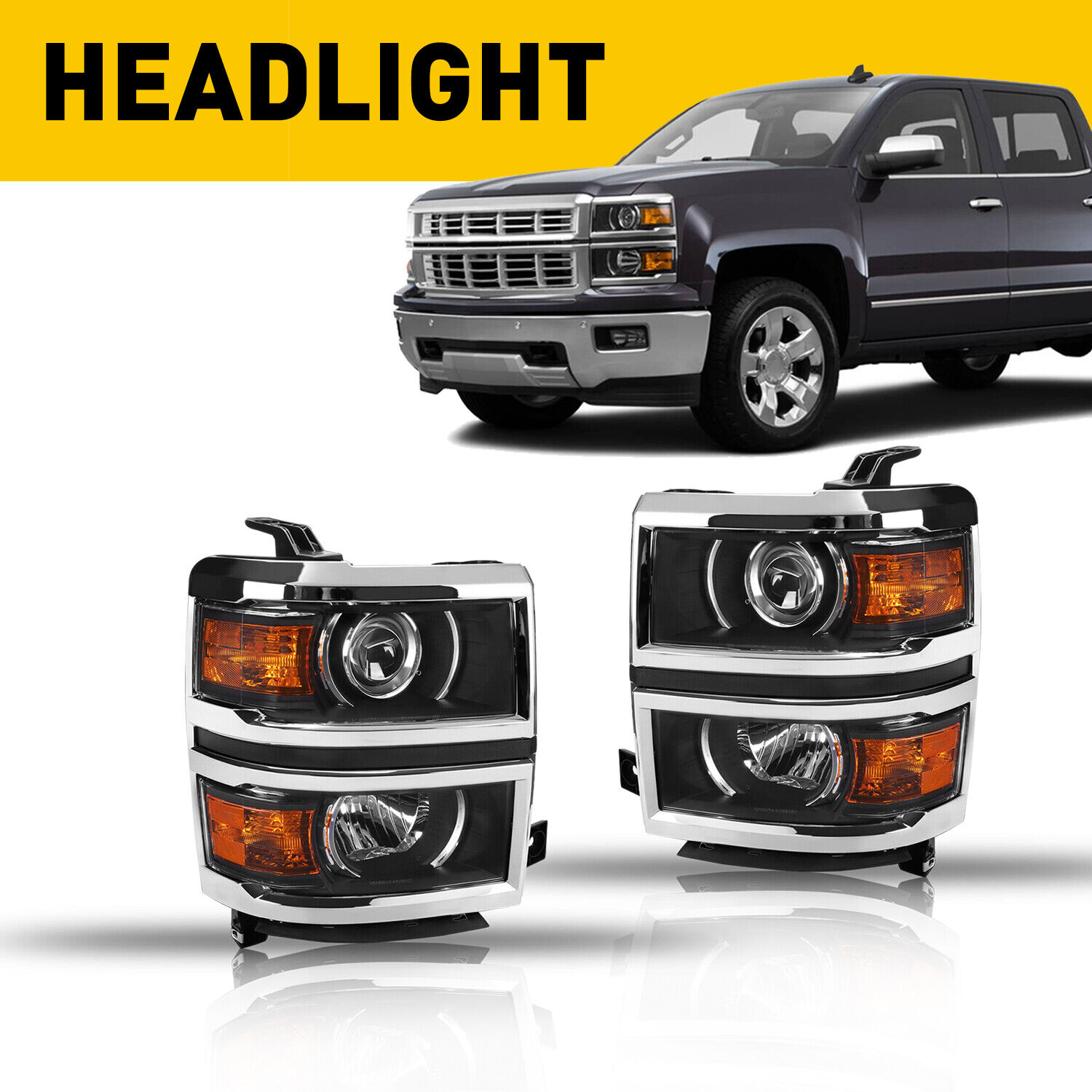 ONE PAIR Amber Projector Headlight Lamp LH RH For 2014-2015 Chevy Silverado 1500