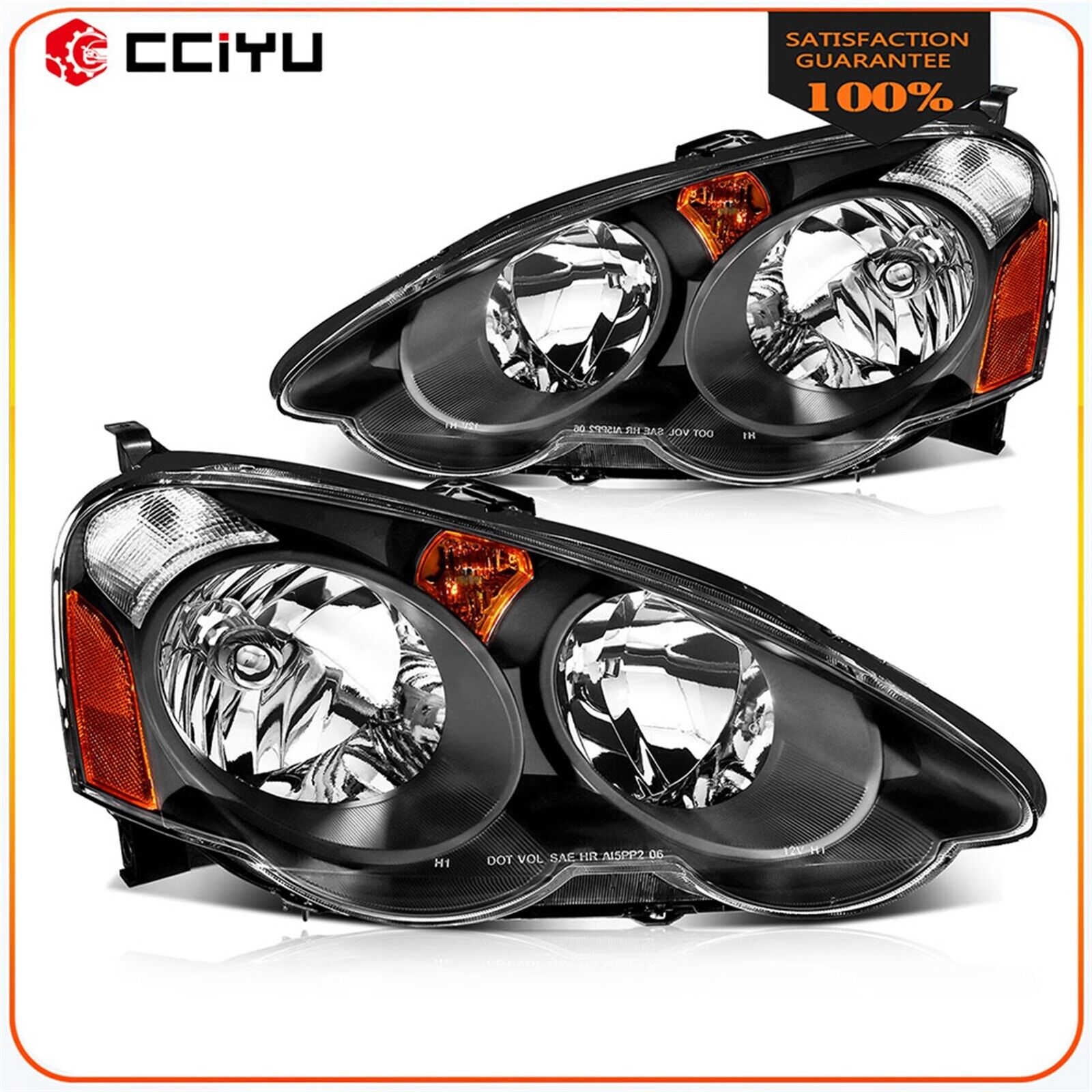 Fits 2002-2004 Acura RSX (DC5) Black Amber Headlights Assembly Left+Right Pair