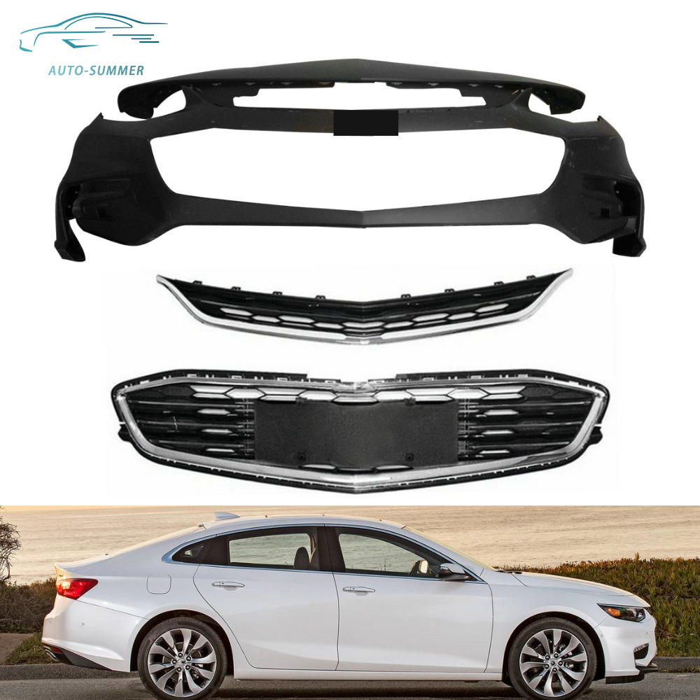 Front Upper Lower Grille Grill+Front Bumper Cover For 2016 17 2018 Chevy Malibu