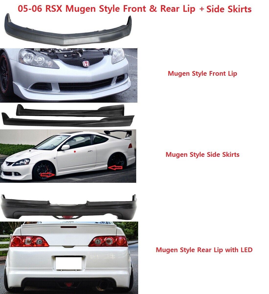 For 05-06 RSX Mugen Style Front + Rear Bumper Lip + LED Brake Light + Side Skirt
