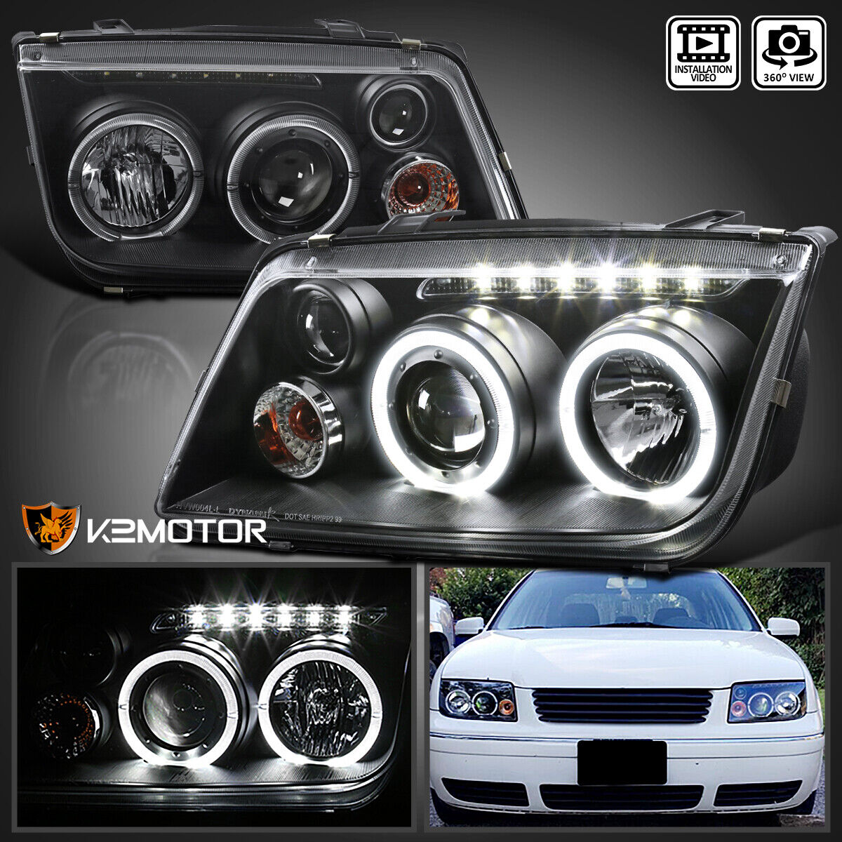 Black Fits 1999-2004 VW Jetta LED Halo Rims Projector Headlights w/ Fog Lamps