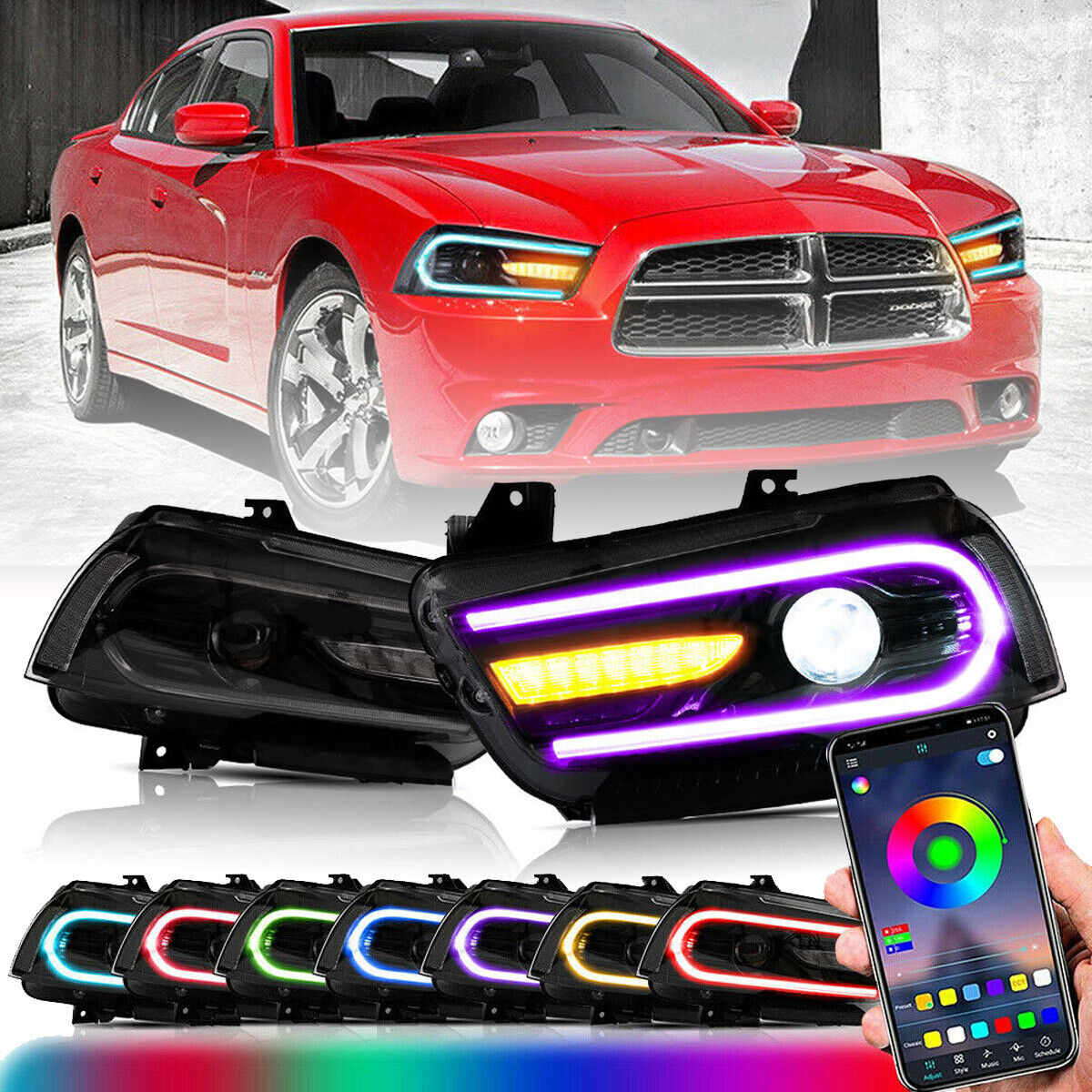 VLAND LED Headlights RGB Color Change Lamp For 2011-2014 Dodge Charger Dual Beam